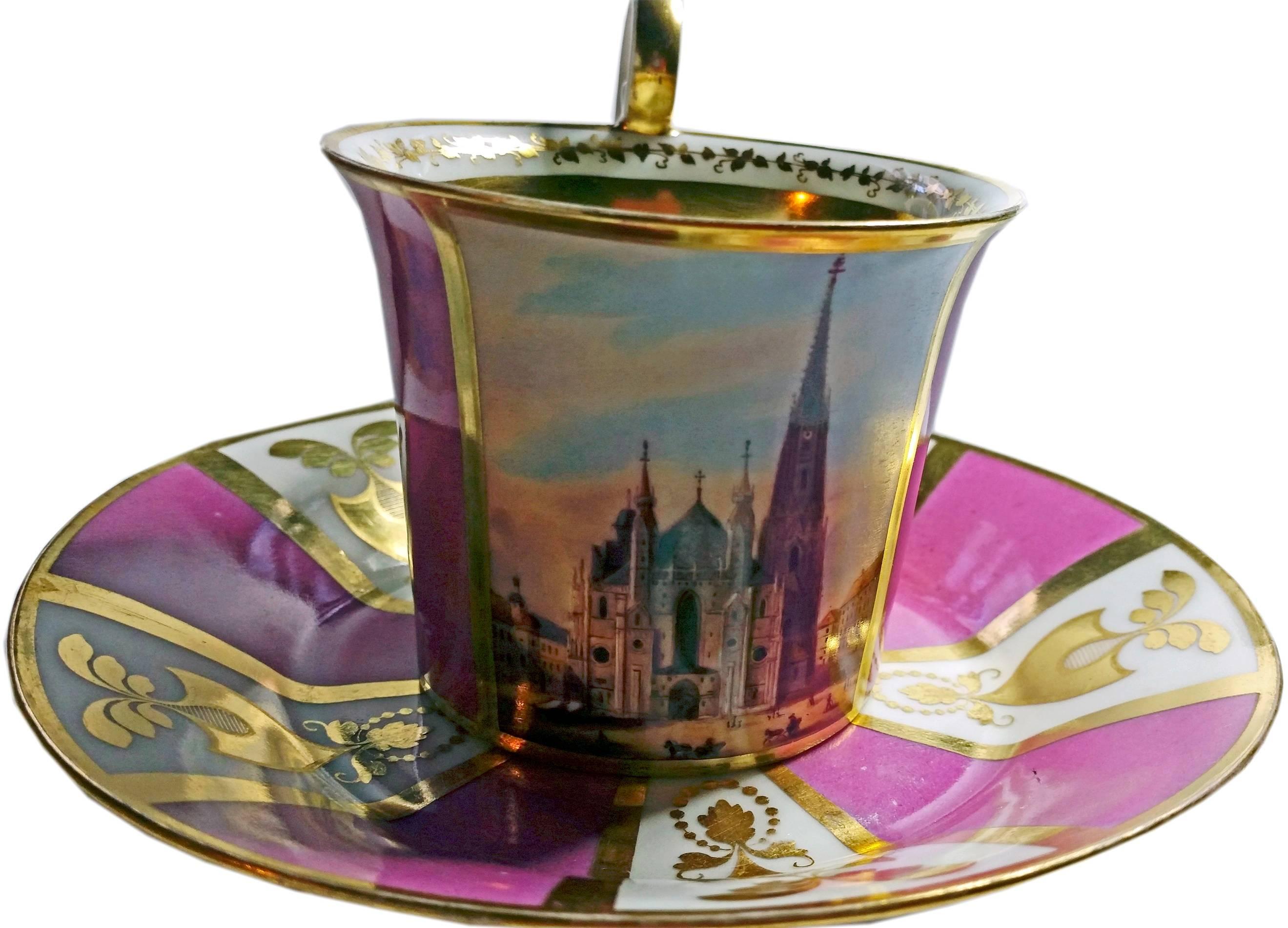 Cup with hoisted handle and saucer with view of Saint Stephen's Cathedral / Vienna.

Vienna / Old Imperial Austrian Porcelain Manufactory
(Alt Wien / Kaiserliche Porzellan Manufaktur)
dated 1821

Hallmarked:
PAINTER's NUMBER 14 
(= JOHANN