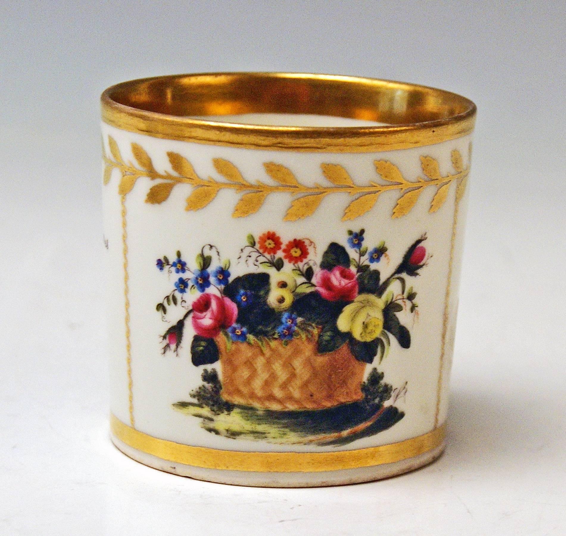 Biedermeier Vienna Imperial Porcelain Cup Saucer Golden Ornaments Dictum and Flowers, 1816