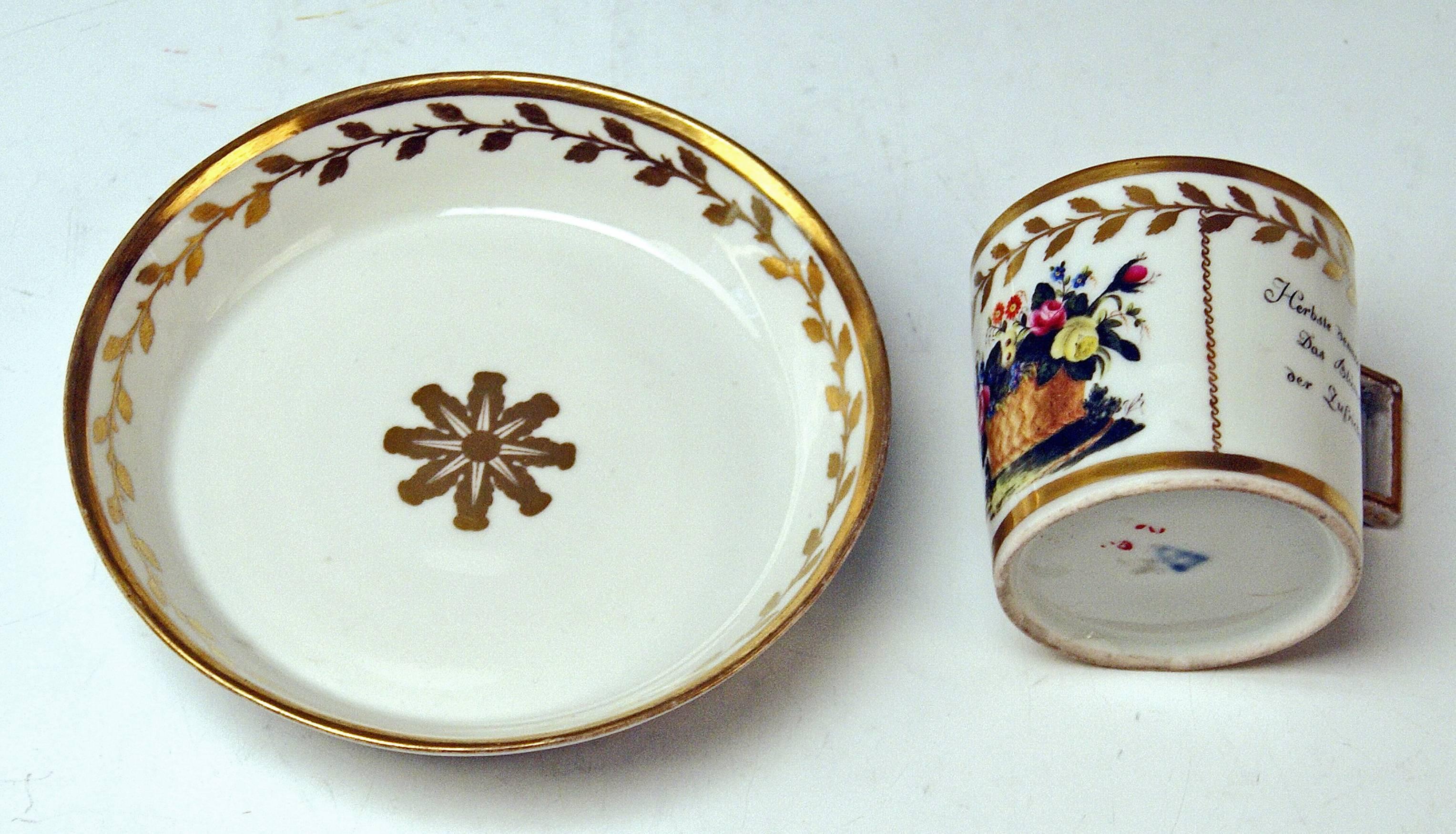 Early 19th Century Vienna Imperial Porcelain Cup Saucer Golden Ornaments Dictum and Flowers, 1816