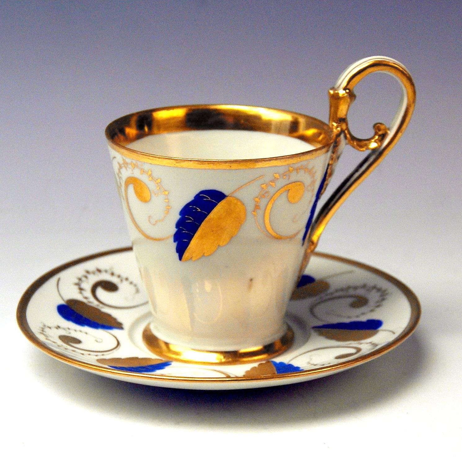Biedermeier Vienna Imperial Porcelain Cup Saucer Golden Blue Ornaments with Leaves 1812
