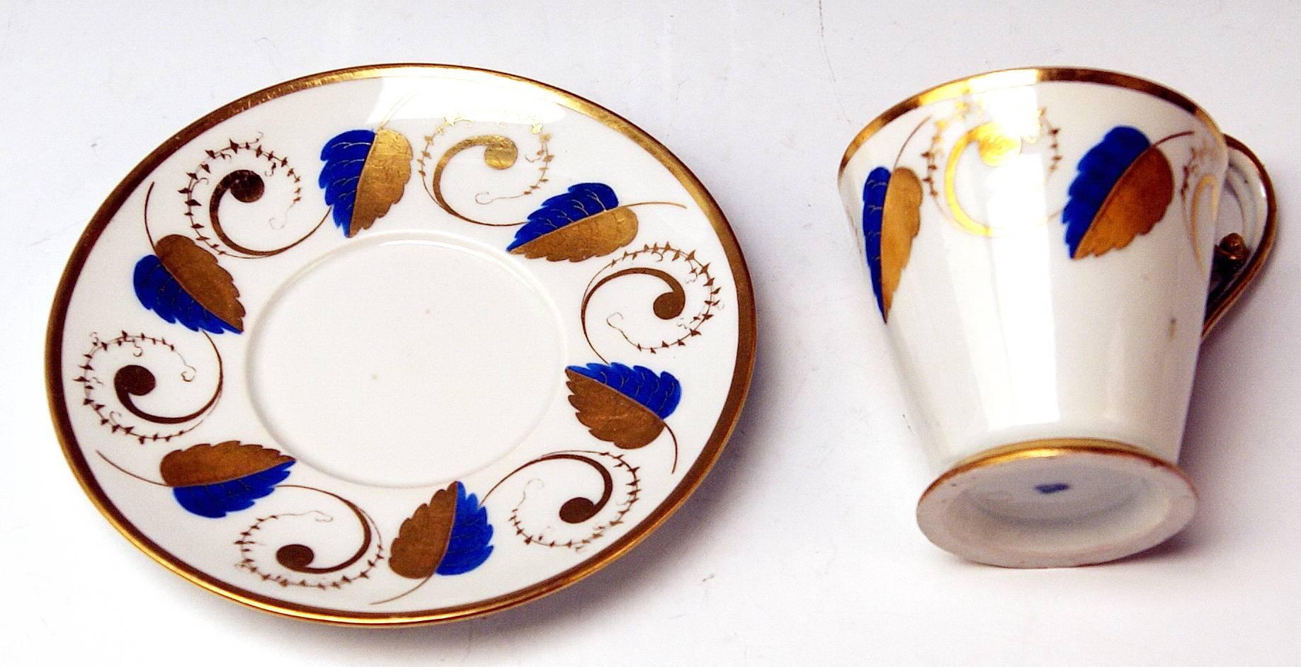 Austrian Vienna Imperial Porcelain Cup Saucer Golden Blue Ornaments with Leaves 1812