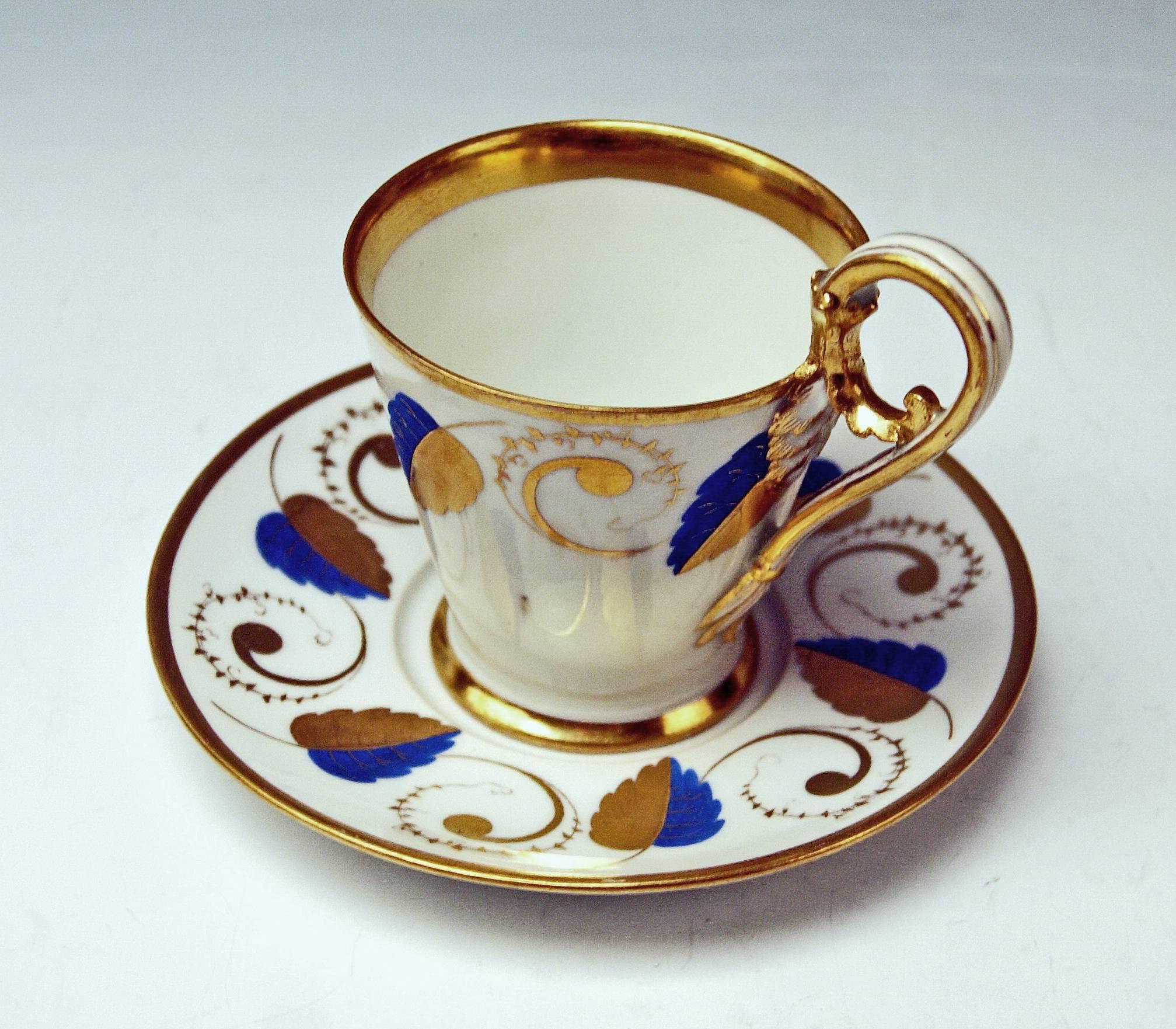 Glazed Vienna Imperial Porcelain Cup Saucer Golden Blue Ornaments with Leaves 1812