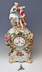 Meissen Mantle Table Clock Paintings Sculptured Figurines Flowers, circa 1860
