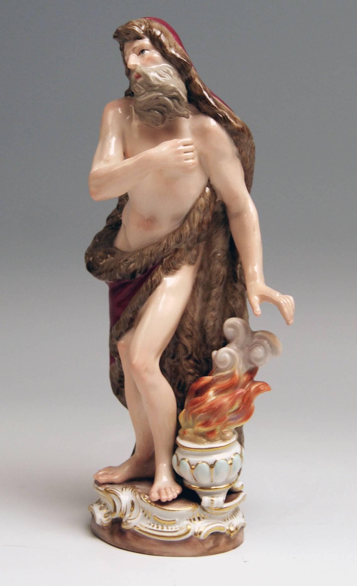 Meißner bemerkenswerteste Figur: Winter

Maße / Abmessungen:
höhe 8,07 Zoll / 20,5 cm 
durchmesser der Basis 2,36 Zoll / 6,0 cm

Manufaktur: Meissen
Gepunzt: Blaue Meissener Schwertmarke (glasierter Boden)
Erste Qualität 
Datierung: 19.