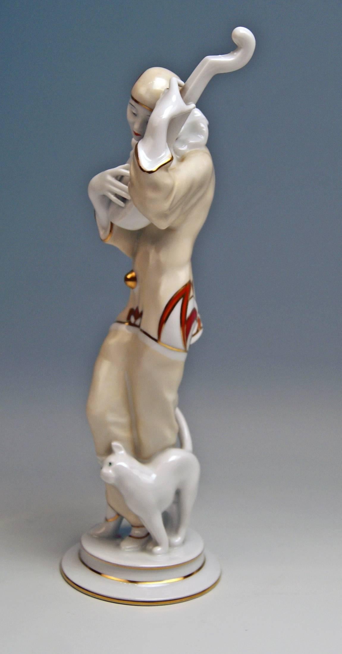 Rosenthal rarest Art Deco figurine of a Pierrot:
A gorgeous rarest Pierrot figurine - called 'Ash Wednesday' - wearing a Pierrot's costume (ruff, cap, a loose-fit shirt and trousers) plays the lute / a lovely cat nuzzles up against Pierrot's legs.