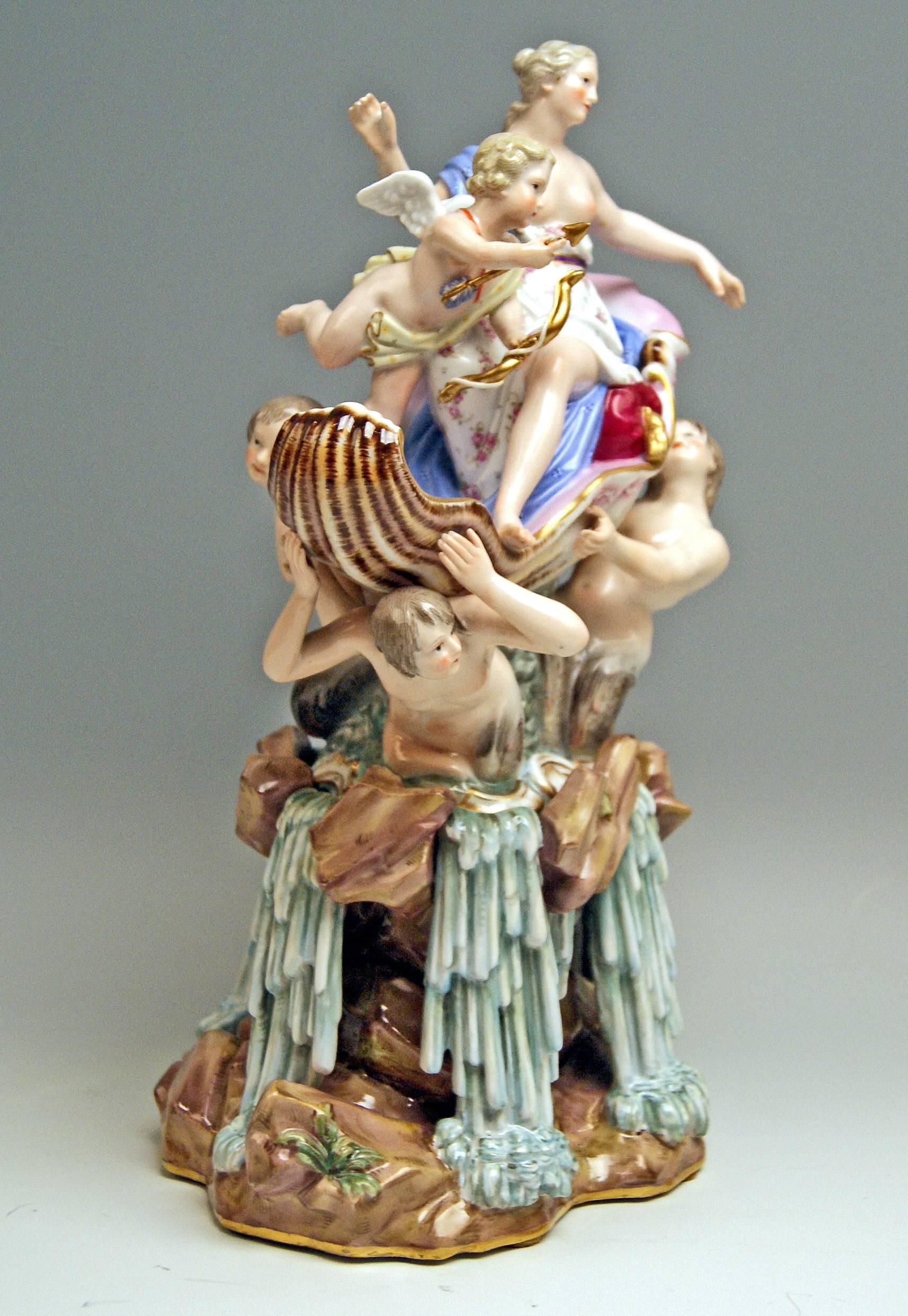 Meissen most remarkable figurine group: Triumph of Venus

Measures / Dimensions:
Height: 13.77 inches / 35.0 cm 
Width: 9.05 inches / 23.0 cm
Depth: 6.69 inches / 17.0 cm

Manufactory: Meissen
Hallmarked: Blue Meissen Sword Mark (glazed