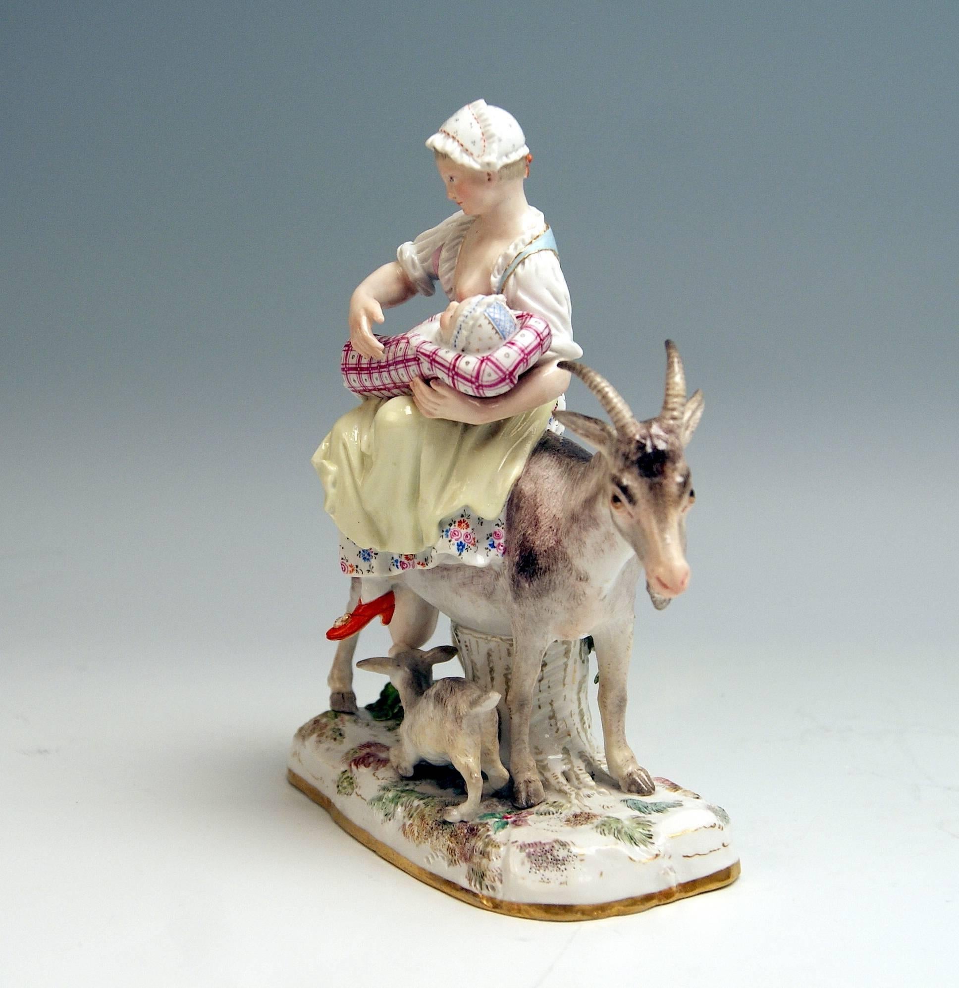 Meissen most remarkable figurine group: wife of tailor riding on goat

Measures / dimensions:
Height: 7.28 inches / 18.5 cm 
Width: 6.49 inches / 16.5 cm
Depth: 2.75 inches / 7.0 cm

Manufactory: Meissen
Hallmarked: Blue Meissen Sword Mark