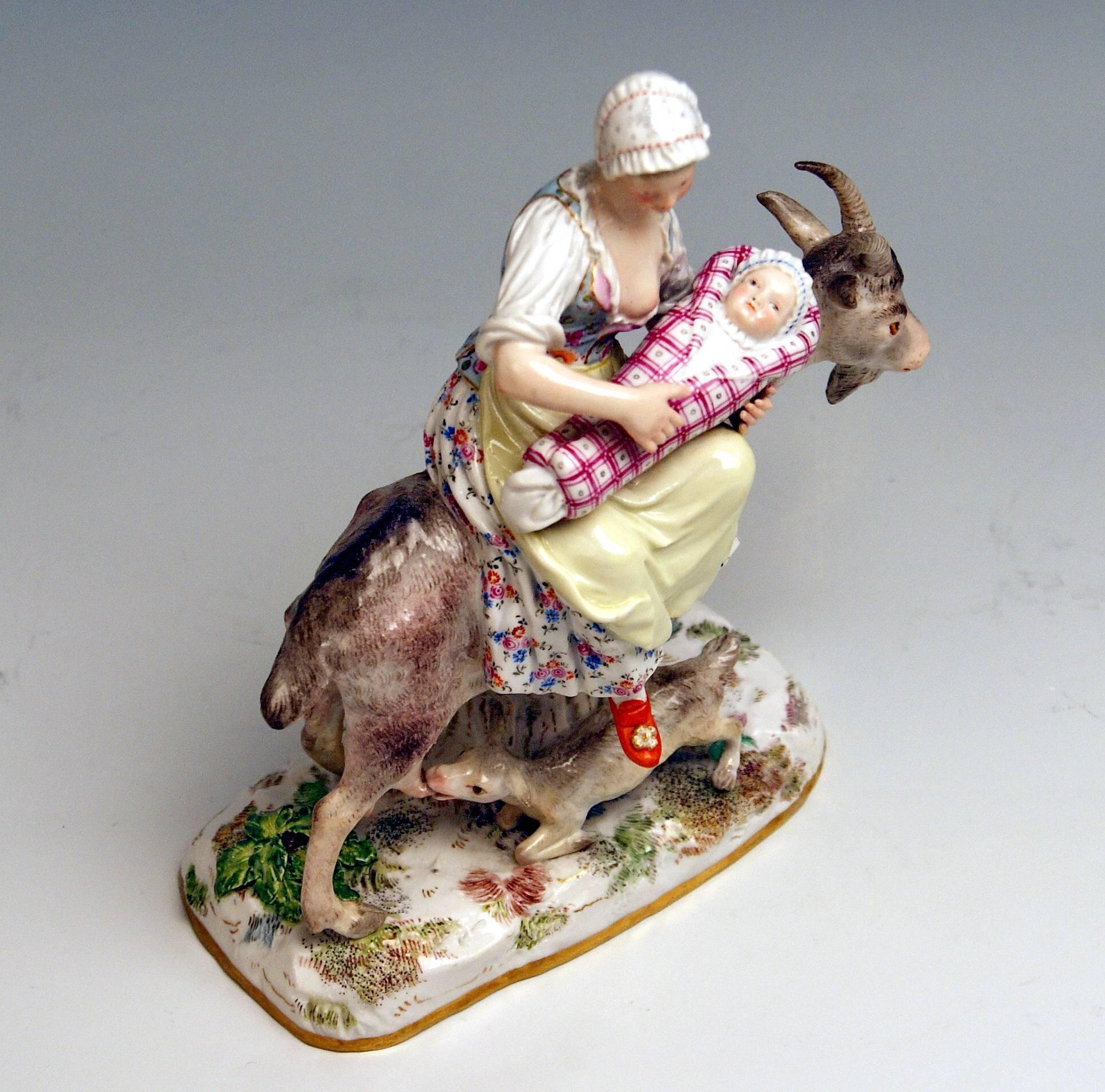 Meissener Schneiderfrau auf Ziege reitend Modell 155 Eberlein Kaendler:: um 1860 (Glasiert)