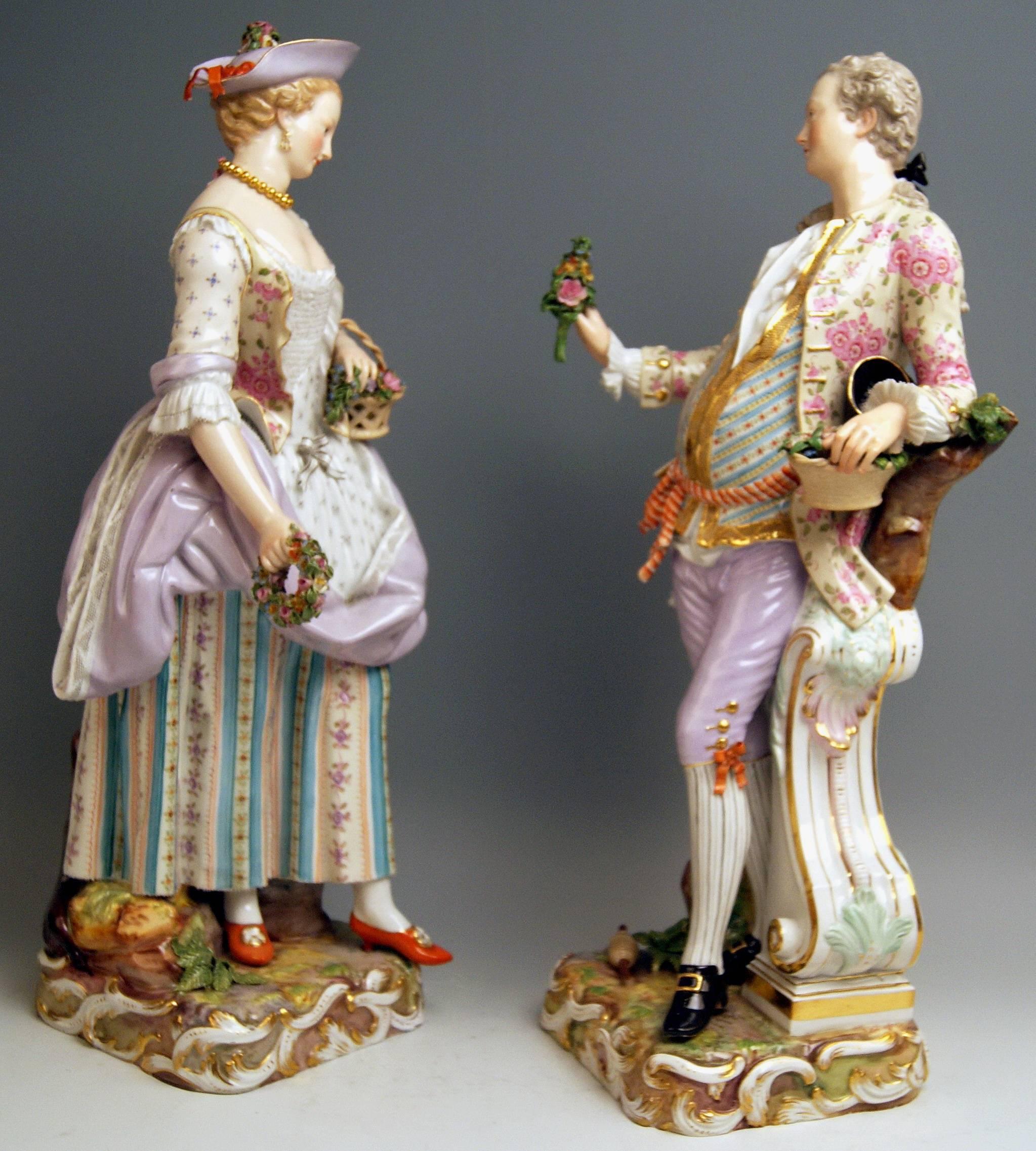 Meissen most remarkable tall figurine group: 
Pair of gardeners

Measures / dimensions:
height 19.68 inches / 50.0 cm (male gardener)
height 19.29 inches / 49.0 cm (female gardener)
width 5.90 inches / 15.0 cm
depth 7.48 inches / 19.0