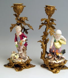 Meissen Gardeners Girl Boy Kaendler Bronze Candlestick Model C 41 2814 Made 1850