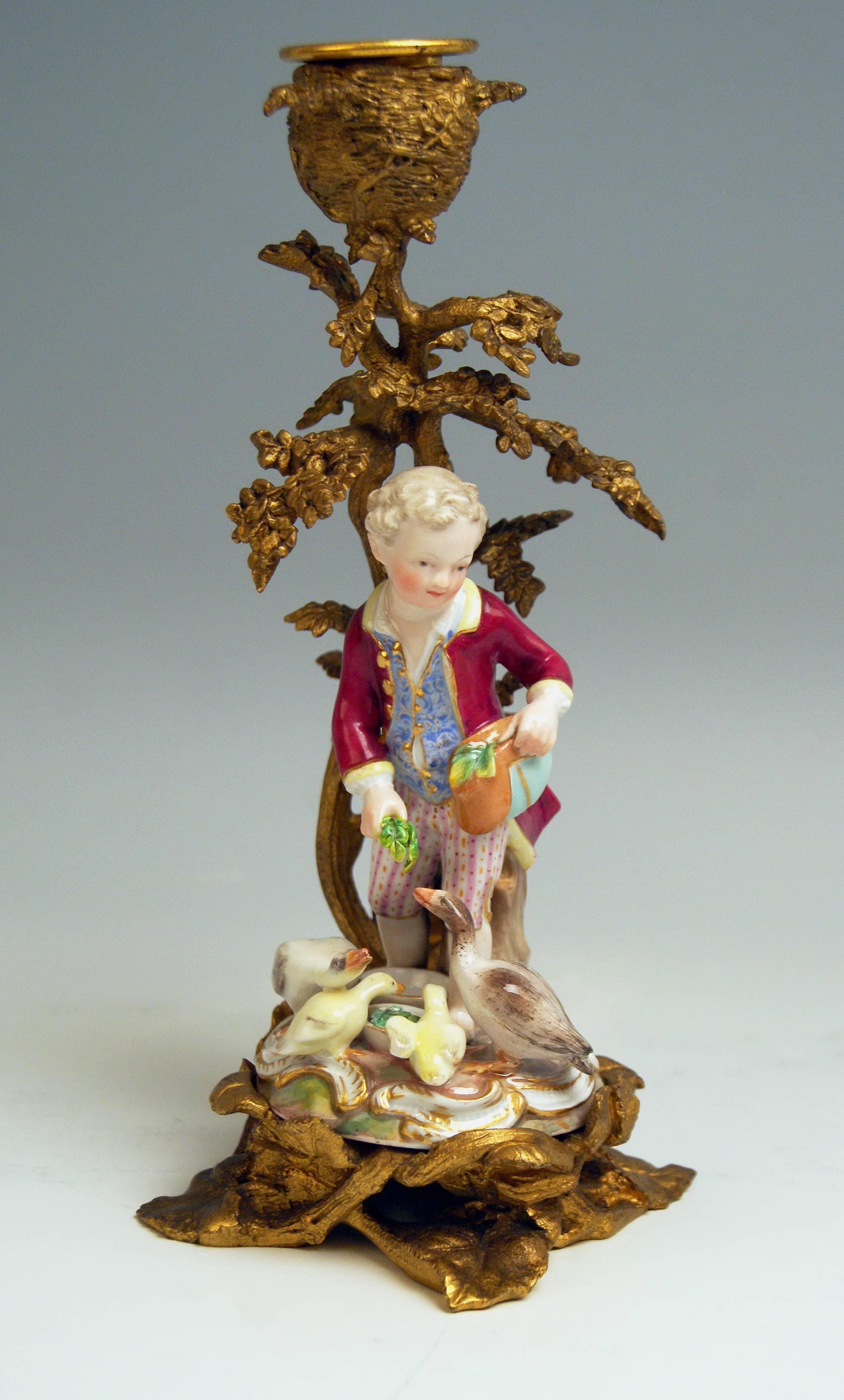 Gilt Meissen Gardeners Girl Boy Kaendler Bronze Candlestick Model C 41 2814 Made 1850