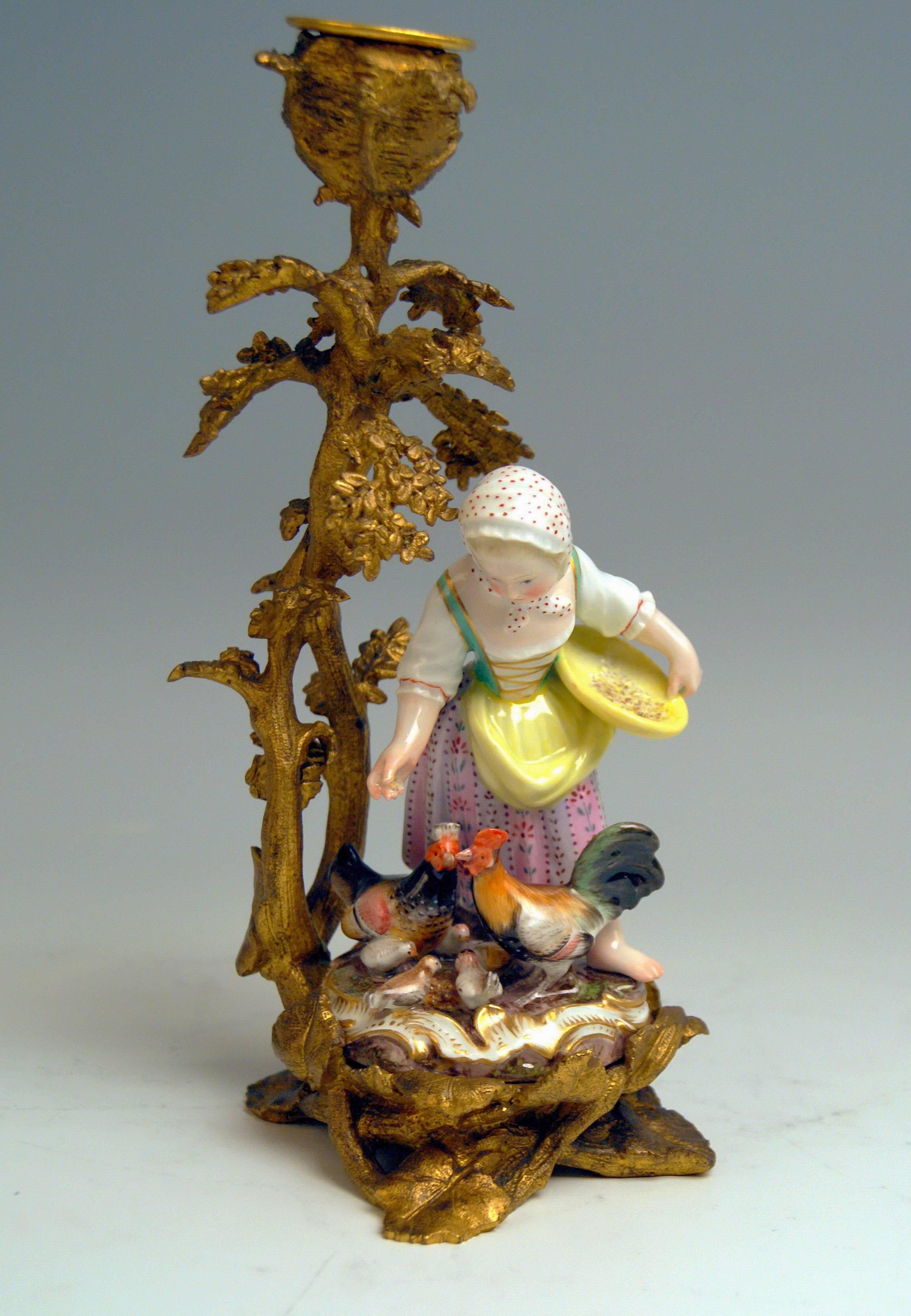 Mid-19th Century Meissen Gardeners Girl Boy Kaendler Bronze Candlestick Model C 41 2814 Made 1850