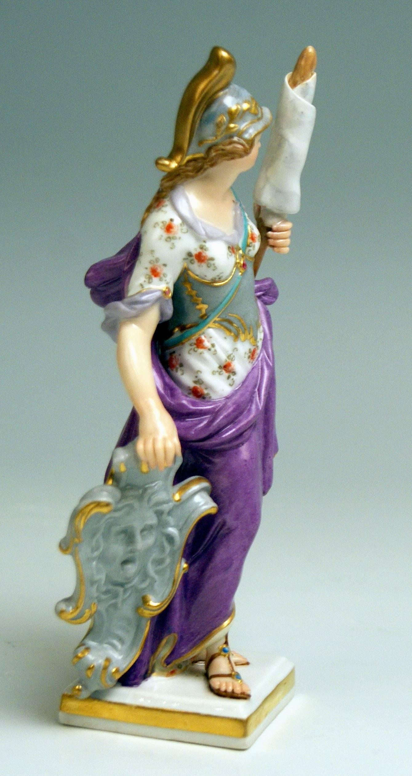 Meissen Nicest Figurine: Minerva Goddess of War

Height: 5.31 inches
Measures of base: 1.57 x 1.45 inches

Manufactory: Meissen
Hallmarked: Blue Meissen Sword Mark (bottom not glazed)
First quality 
Dating: 19th century / made circa 1840