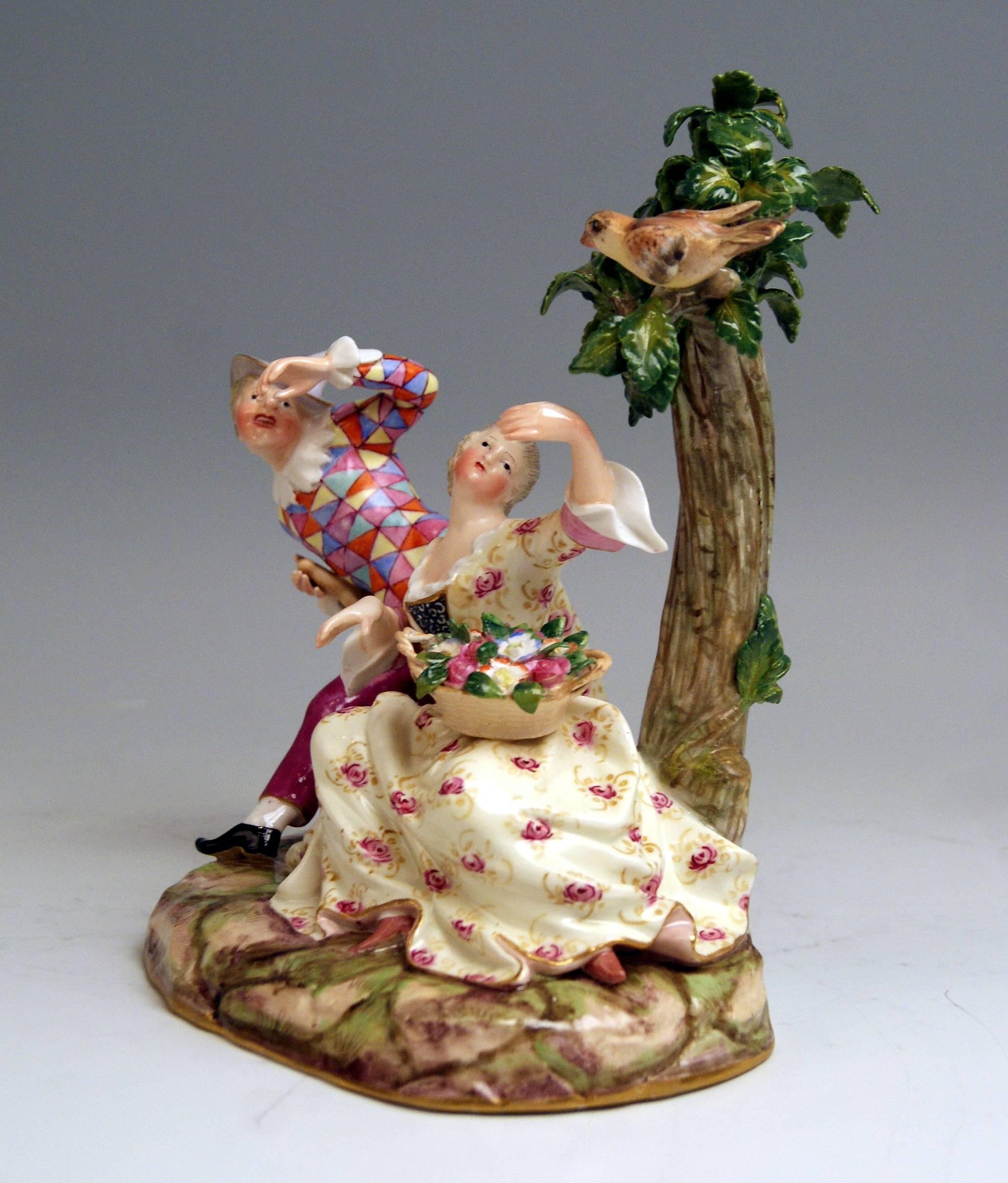 Meissen stunning figurine group: Harlequin and girl

Measures:
height 7.28 inches 
width 6.69 inches
depth 4.13 inches

Manufactory: Meissen
Hallmarked: Blue Meissen Sword Mark (glazed bottom)
First quality 
Dating: 19th century / made
