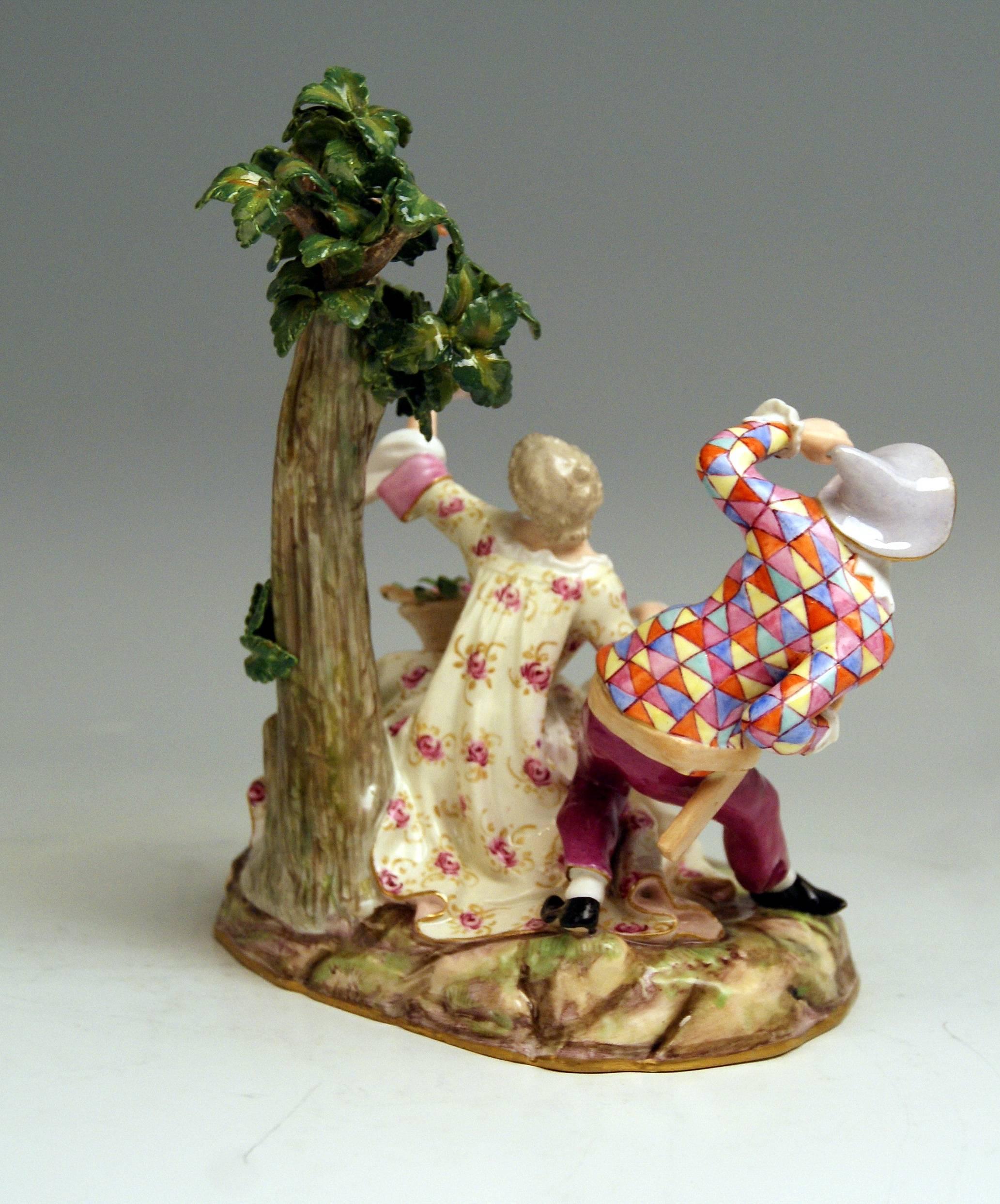 Rococo Meissen Harlequin and Girl Figurines Model 782 Kaendler Made circa 1840 For Sale