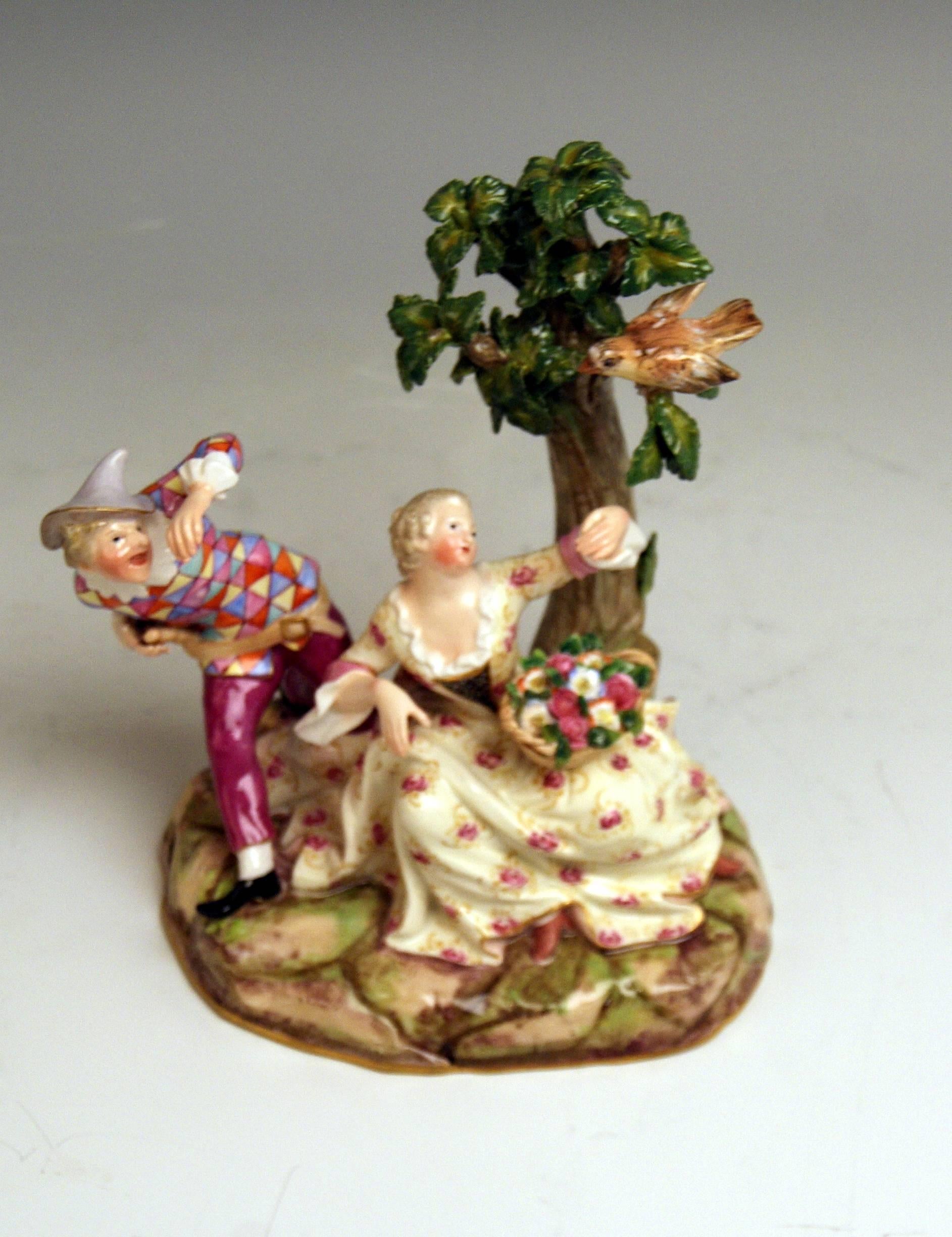 Glazed Meissen Harlequin and Girl Figurines Model 782 Kaendler Made circa 1840 For Sale