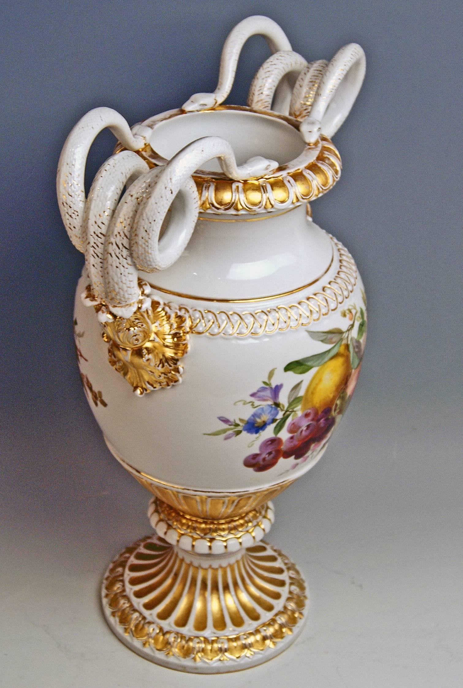 German Meissen Snake Handles Vase Flowers Fruits A 148 Made 1870