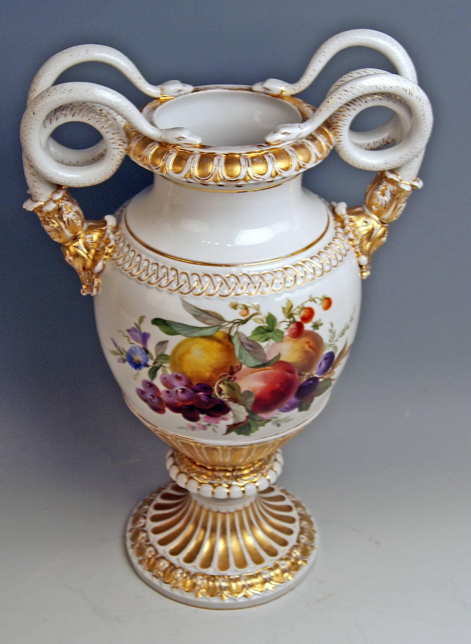 Glazed Meissen Snake Handles Vase Flowers Fruits A 148 Made 1870