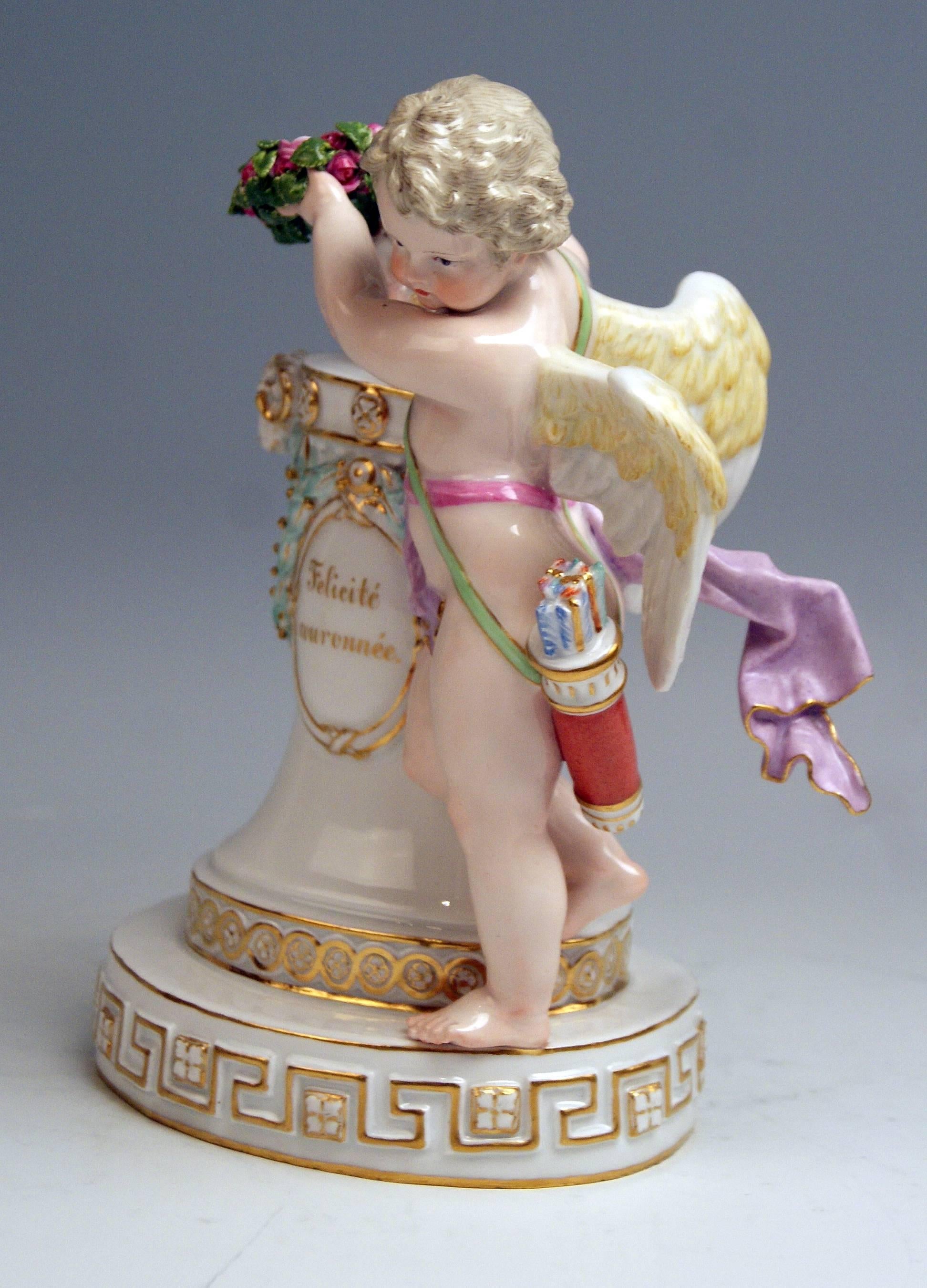 Meissen Stunning Figurine:
Cherub Amor with wreath of rose flowers' blossoms 

Measures:
Height: 7.87 inches 
Width: 6.49 inches
Depth: 3.93 inches

Manufactory: Meissen
Hallmarked: Blue Meissen Sword Mark (glazed bottom)
It is model E 82