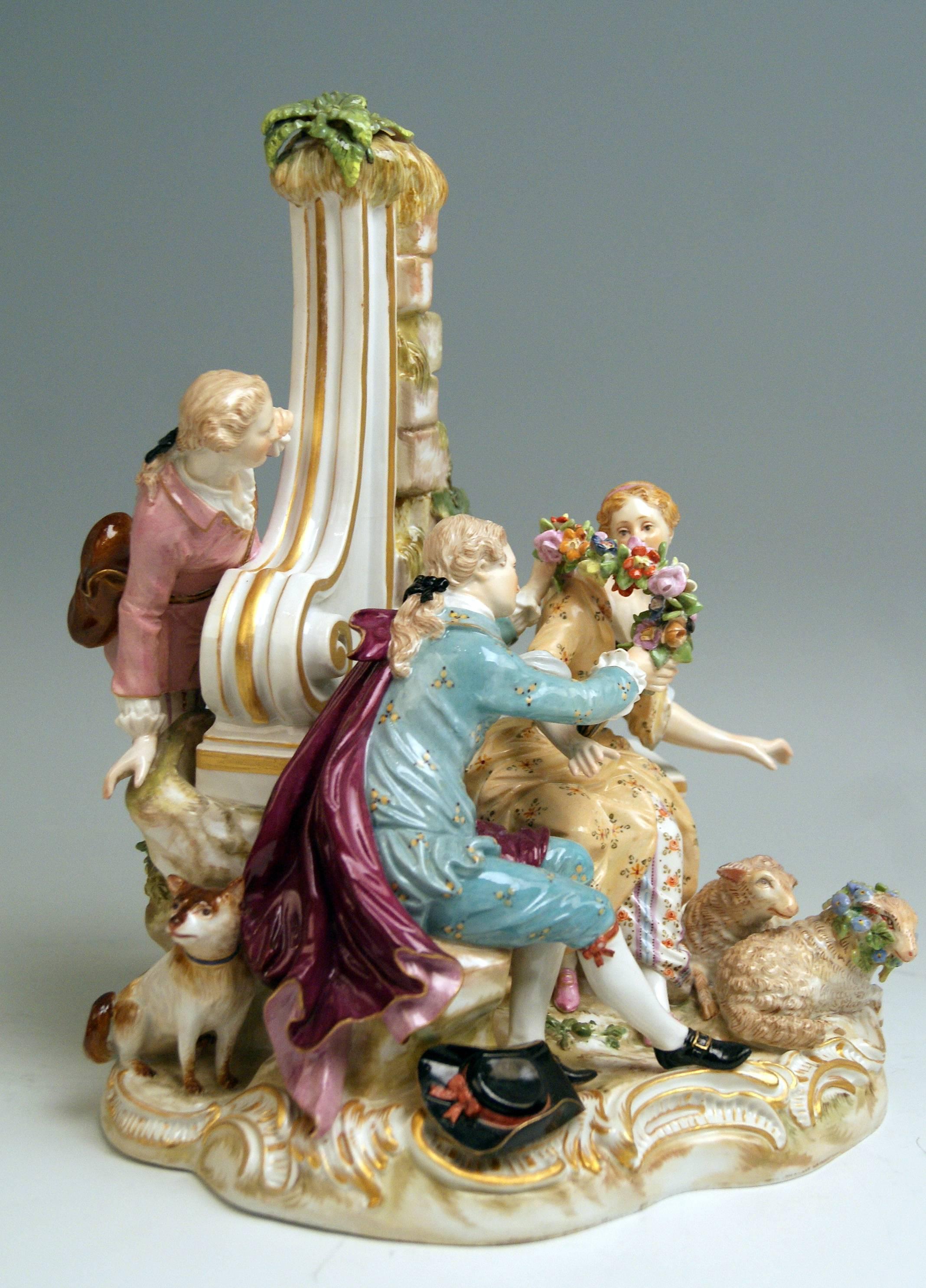 MEISSEN STUNNING FIGURINE GROUP: A COUPLE OF SHEPHERDS WATCHED BY A SCOUT

MEASURES:
height:  9.25   inches 
width:   7.28   inches
depth:   6.88   inches

Manufactory: Meissen
Hallmarked:  Blue Meissen Sword Mark  (glazed bottom)
model number  2870