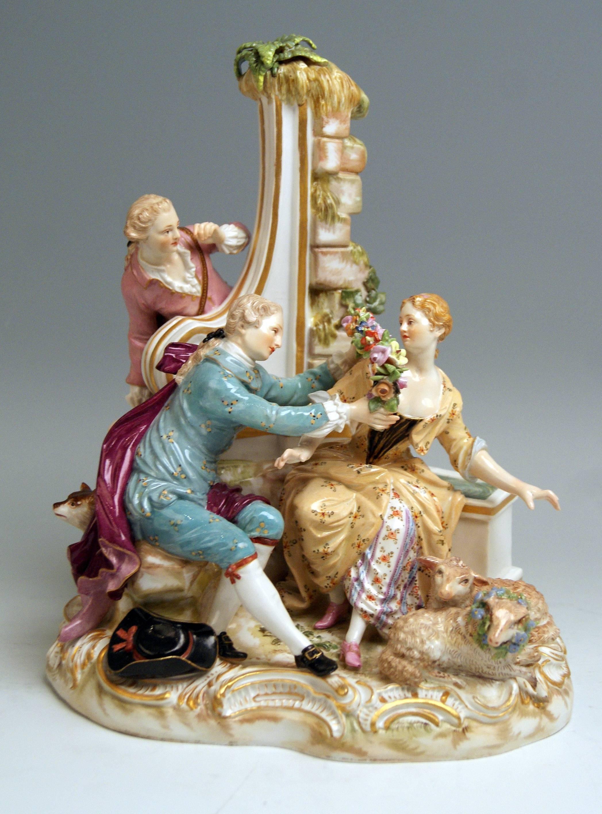 Rococo Meissen Shepherds Figurines Model 2870 Johann Joachim Kaendler, circa 1850 For Sale