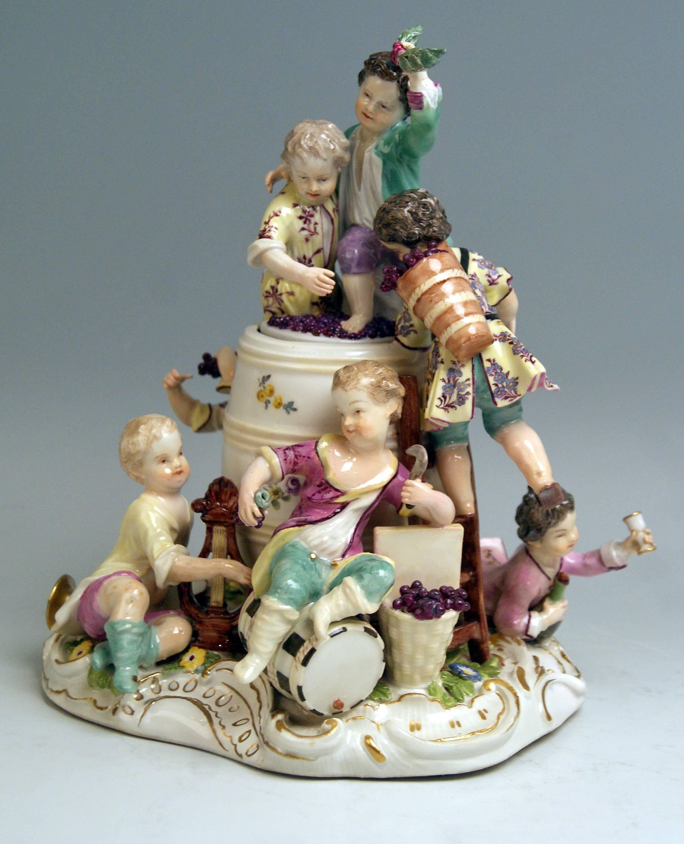 Meissen most remarkable figurine group:  Seven children as wine-growers

Size  /  Dimenions: 
Height   9.44  inches 
Width     7.48  inches
Depth    5.90 inches

Manufactory: Meissen
Hallmarked: Blue Meissen Sword Mark (glazed bottom)
FIRST