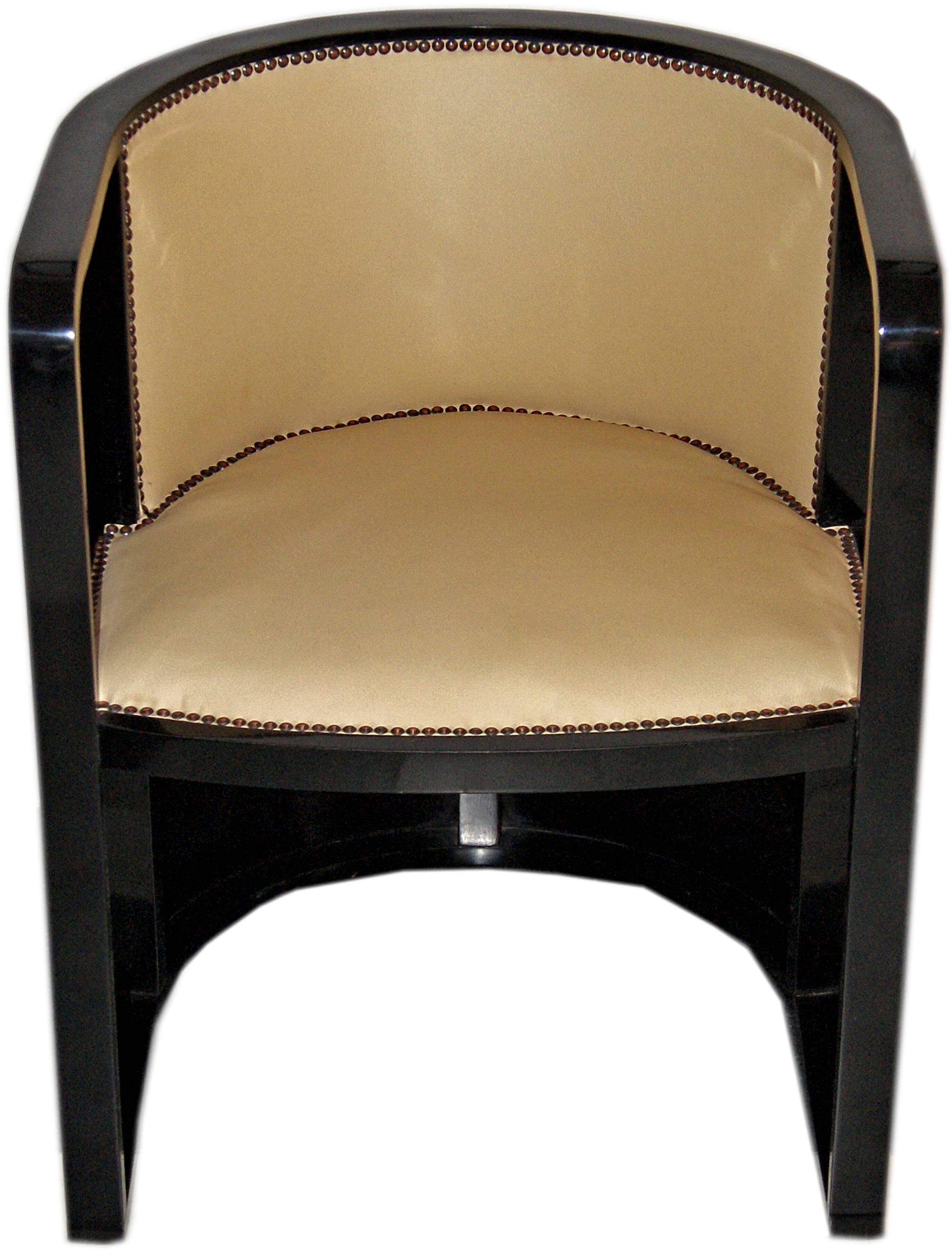 Jacob & Josef Kohn armchair(Model 421)
Design: Josef Hoffmann
Made in Vienna / Austria, Art Nouveau period.
beechwood massive 
black stained 
seat and backrest are covered with cream leather 
made circa 1910-1920

Attention:
Two chairs are