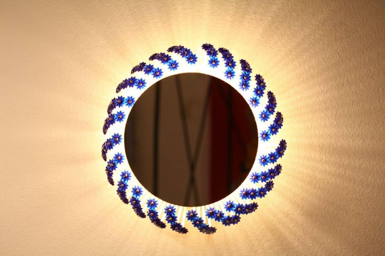 Mid-Century Modern Illuminated Round Mirror with Background Illumination Designed by Emil Stejnar