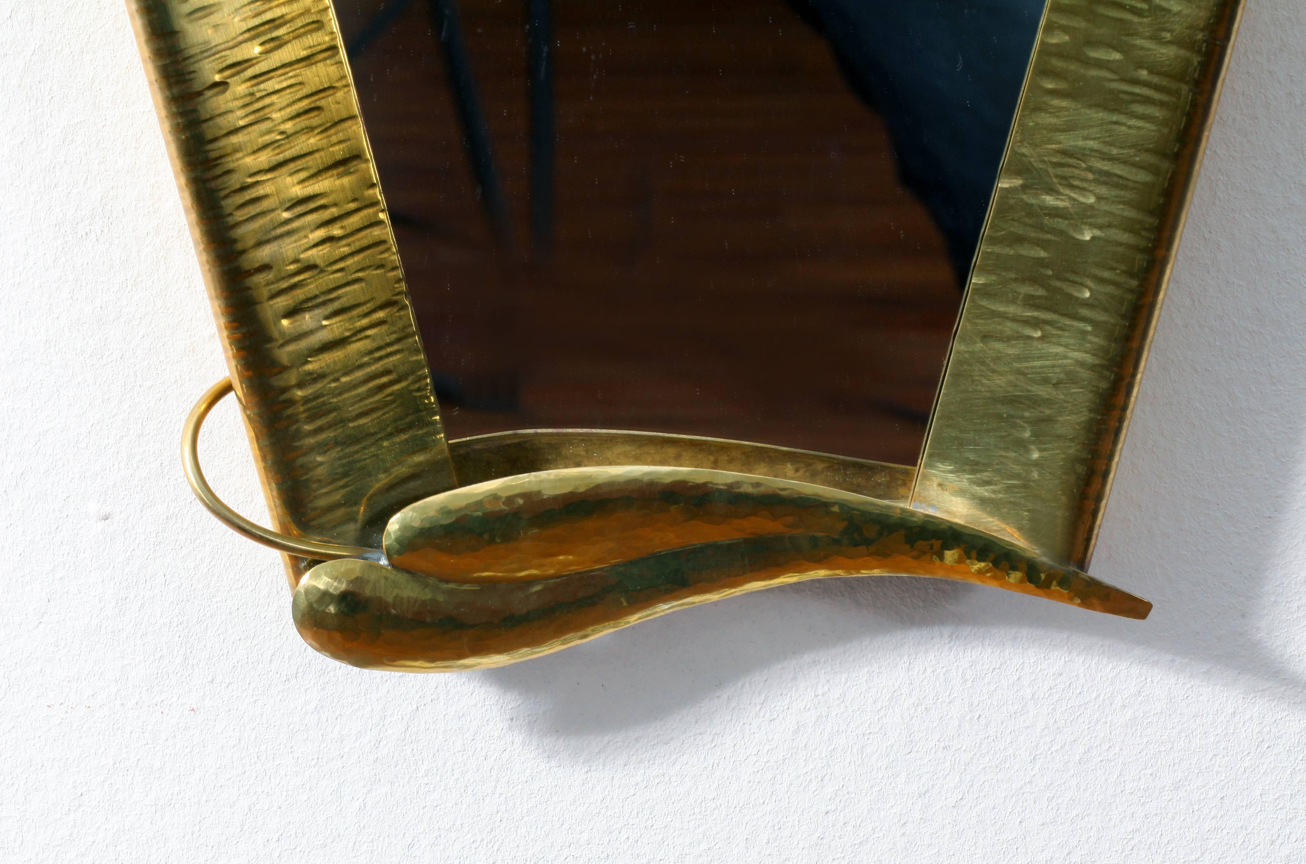 Austrian Hand-Hammered Brass Framed Mirror Attributed toFranz Hagenauer, Vienna 1950