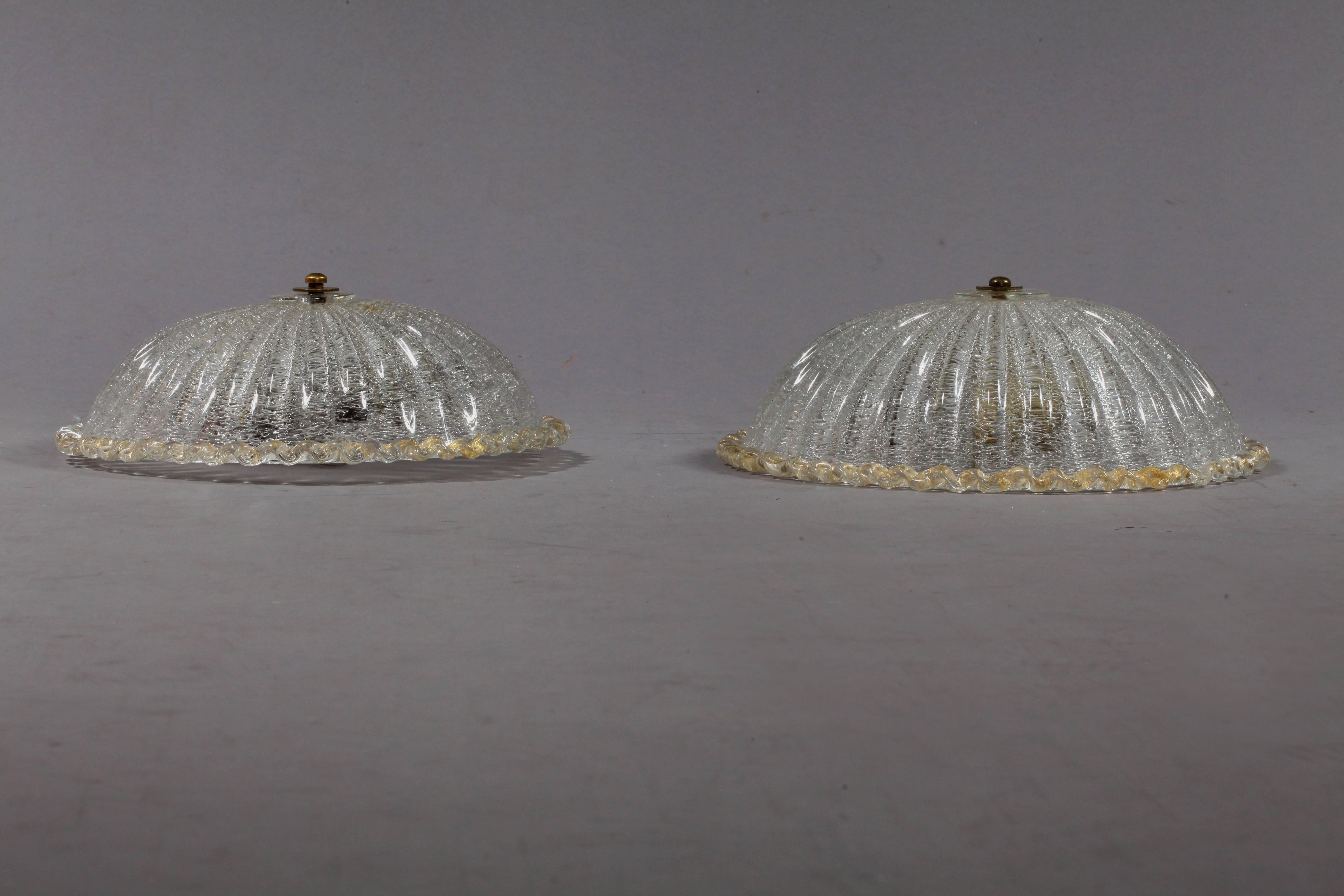 Mid-Century Modern Pair of Shimmery Gold Leaf Wall and Ceiling Lights by Barovier and Toso
