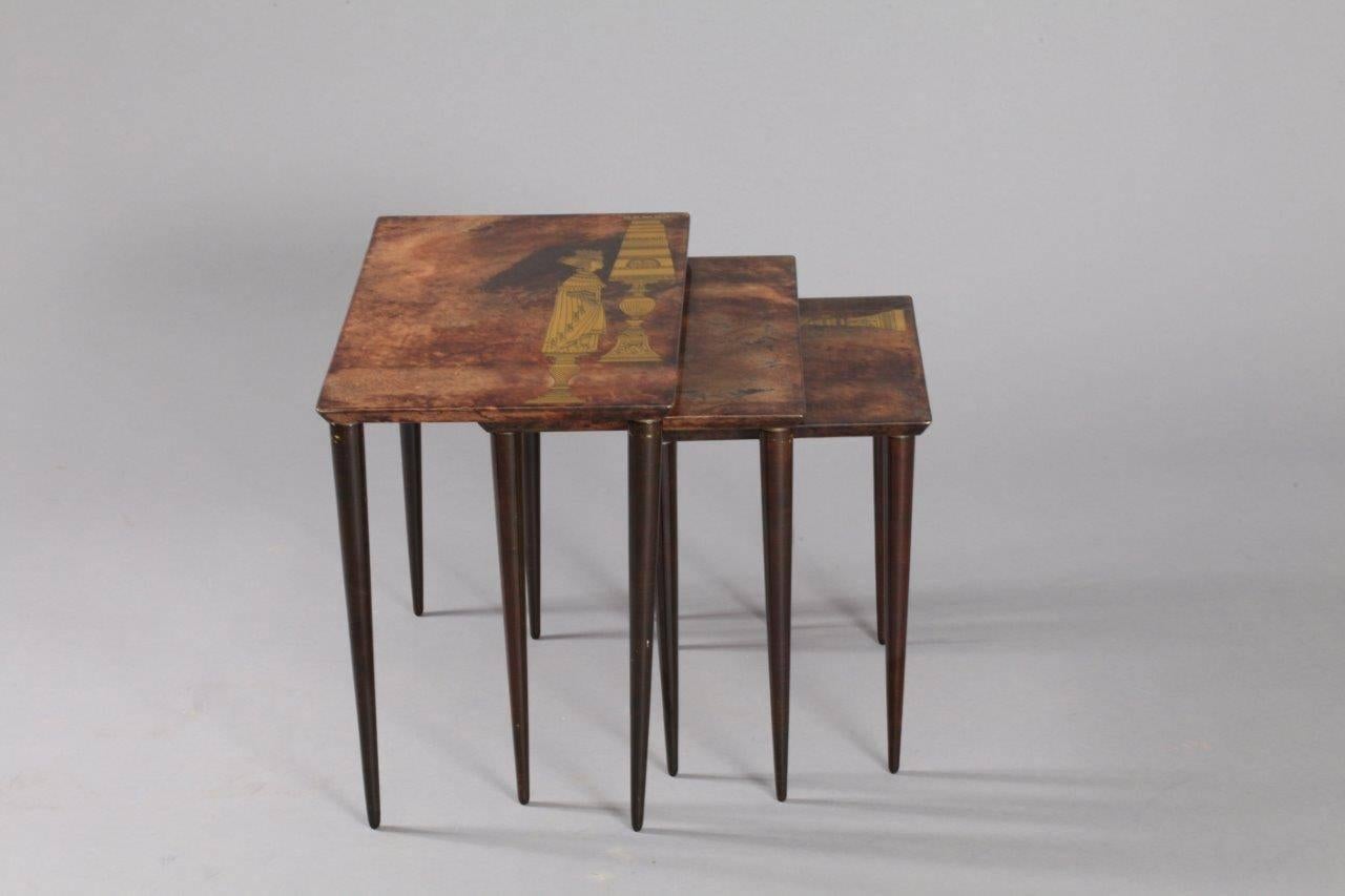 Aldo Tura 1950, Three Nesting Tables Goatskin, Decorated with Chess Figures In Excellent Condition In Vienna, Vienna