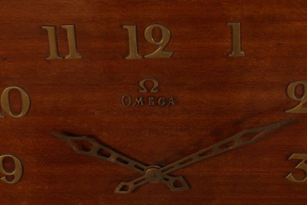 Mid-Century Modern Rear Mahogany Marquetry Wall Clock Signed Omega, 1950