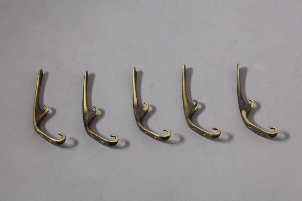 Mid-Century Modern Charming Five Wall Hooks Made by Carl Auböck, Vienna, 1960