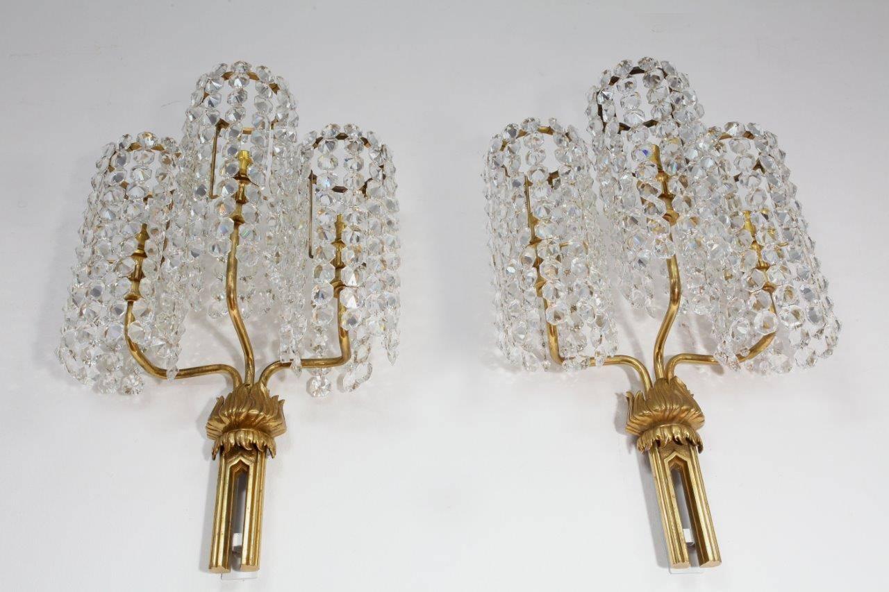 Amazing Large Pair of Wall Crystal Glass Sconces, Bakalowits Attributed, Vienna 1