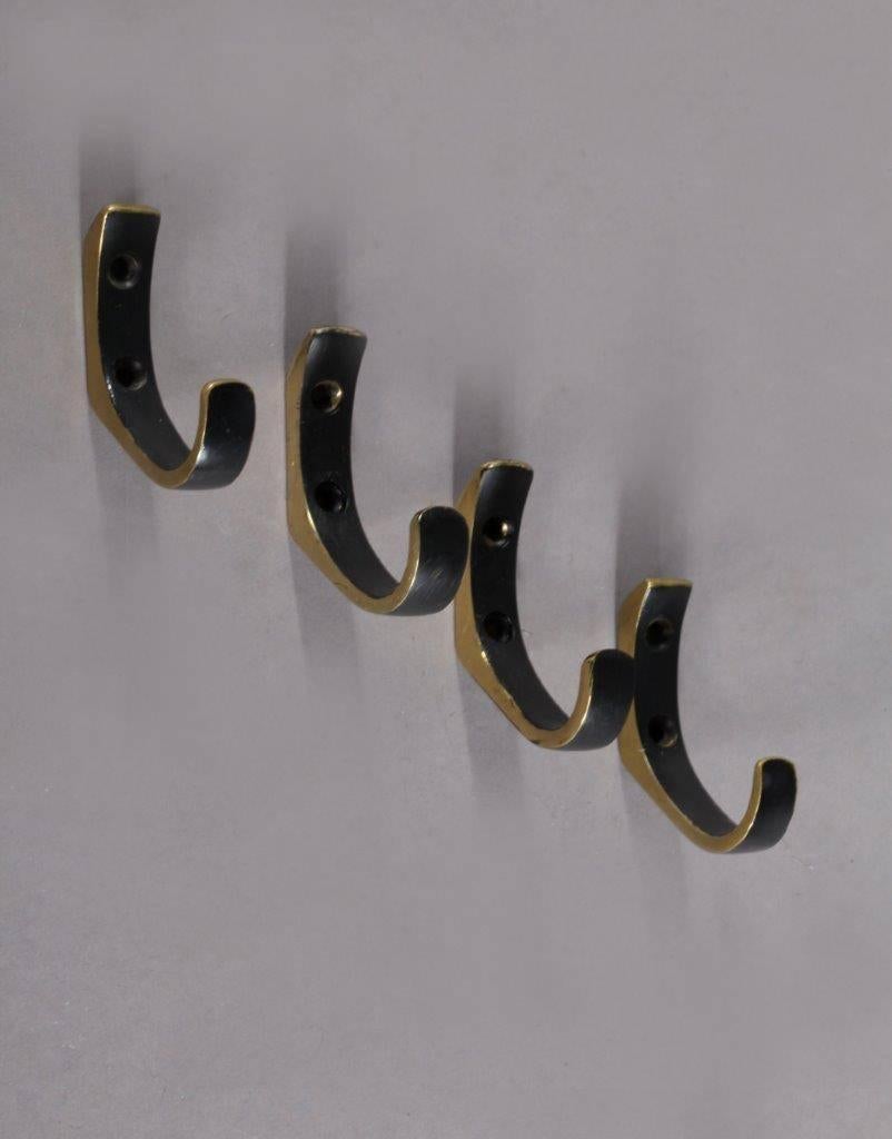 Mid-Century Modern Set of Four Coat Wall Hooks Blackened Brass by Hertha Baller, Austria, 1950s