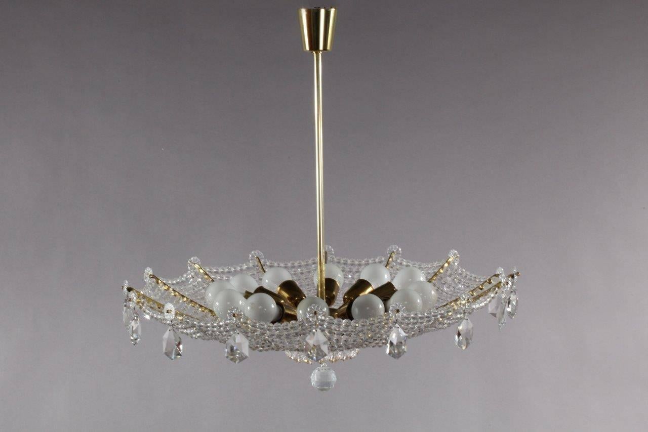 Brass Rare Umbrella Crystal Glass Hanging Lamp by Rupert Nikoll Vienna, 1950 For Sale