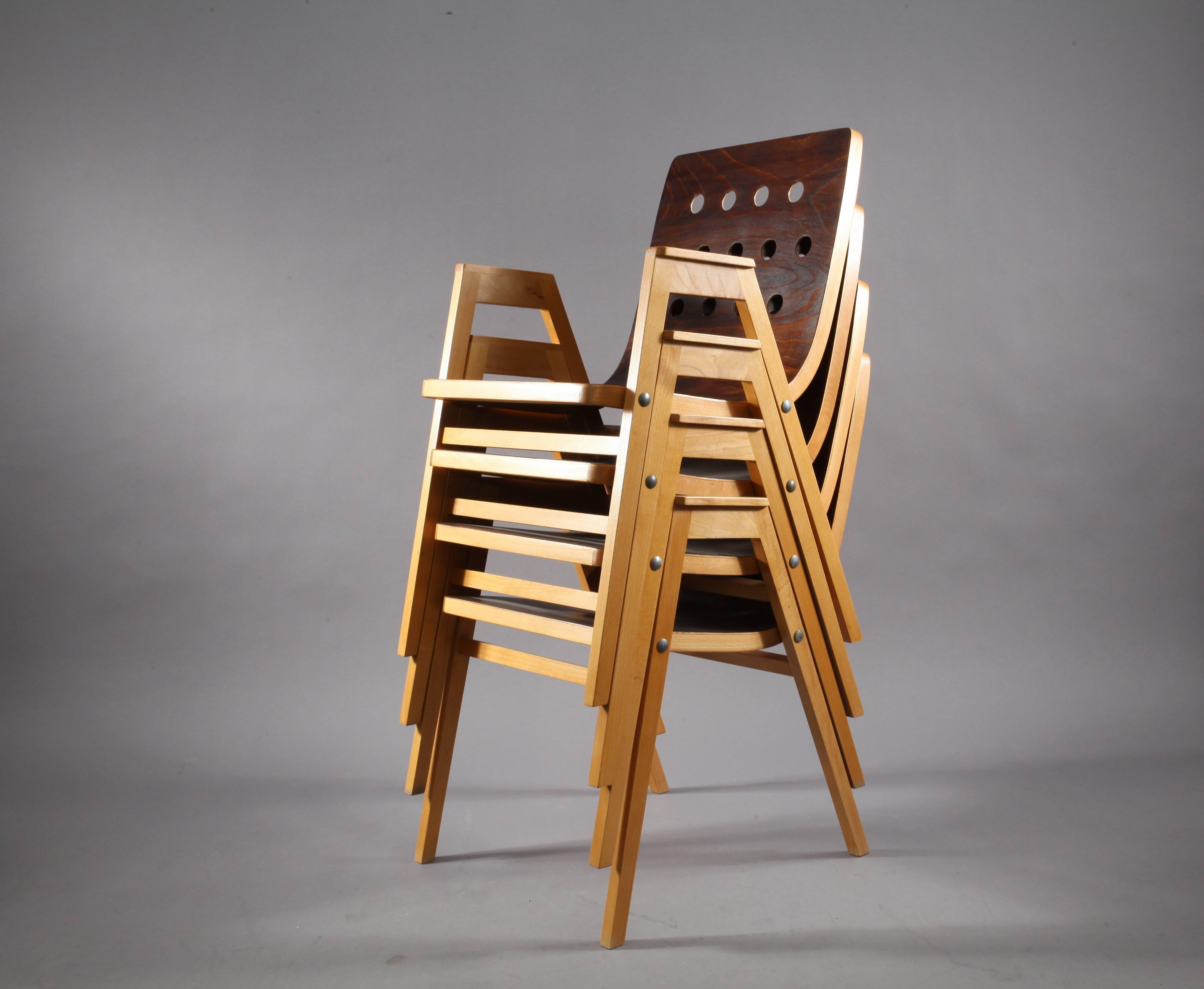 4 stacking chairs,
designed Roland Rainer,
manufacter A.E. Pollak
Vienna, 1956.
bentwood, beechwood.
 