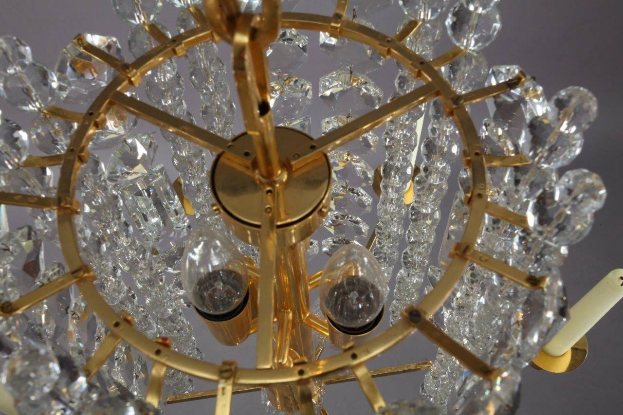 Mid-Century Modern Bakalowits Chandelier Pendant Light, Gilt Brass Crystal Glass, Vienna, 1960s For Sale