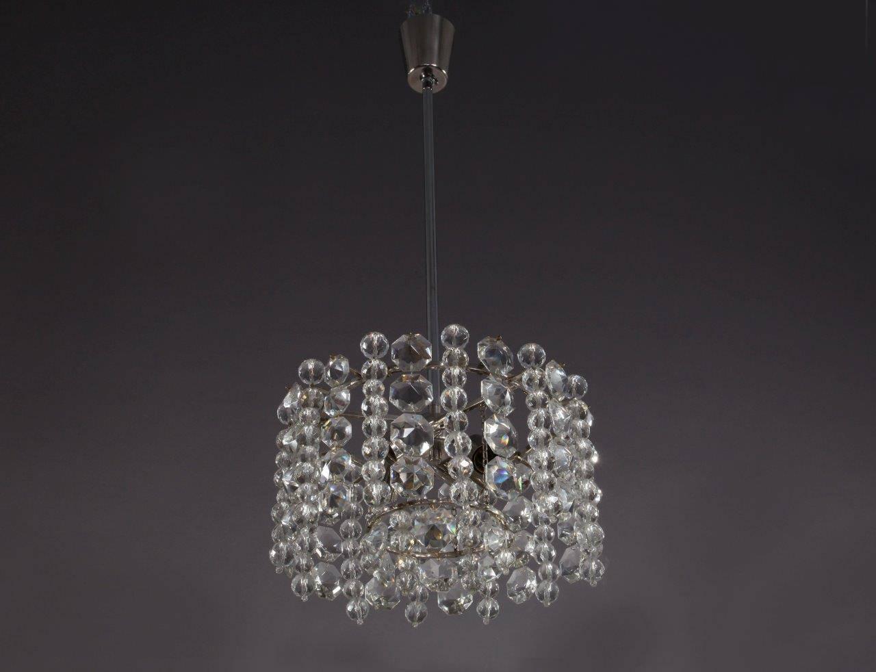 Metal Bakalowits Chandelier Pendant Light, Crystal Glass Nickel, Austria, 1960s