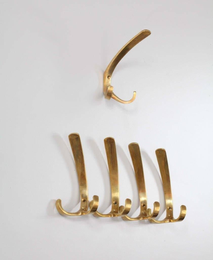 Mid-Century Modern Five Brass Double Hooks with Fitting Brass Screws