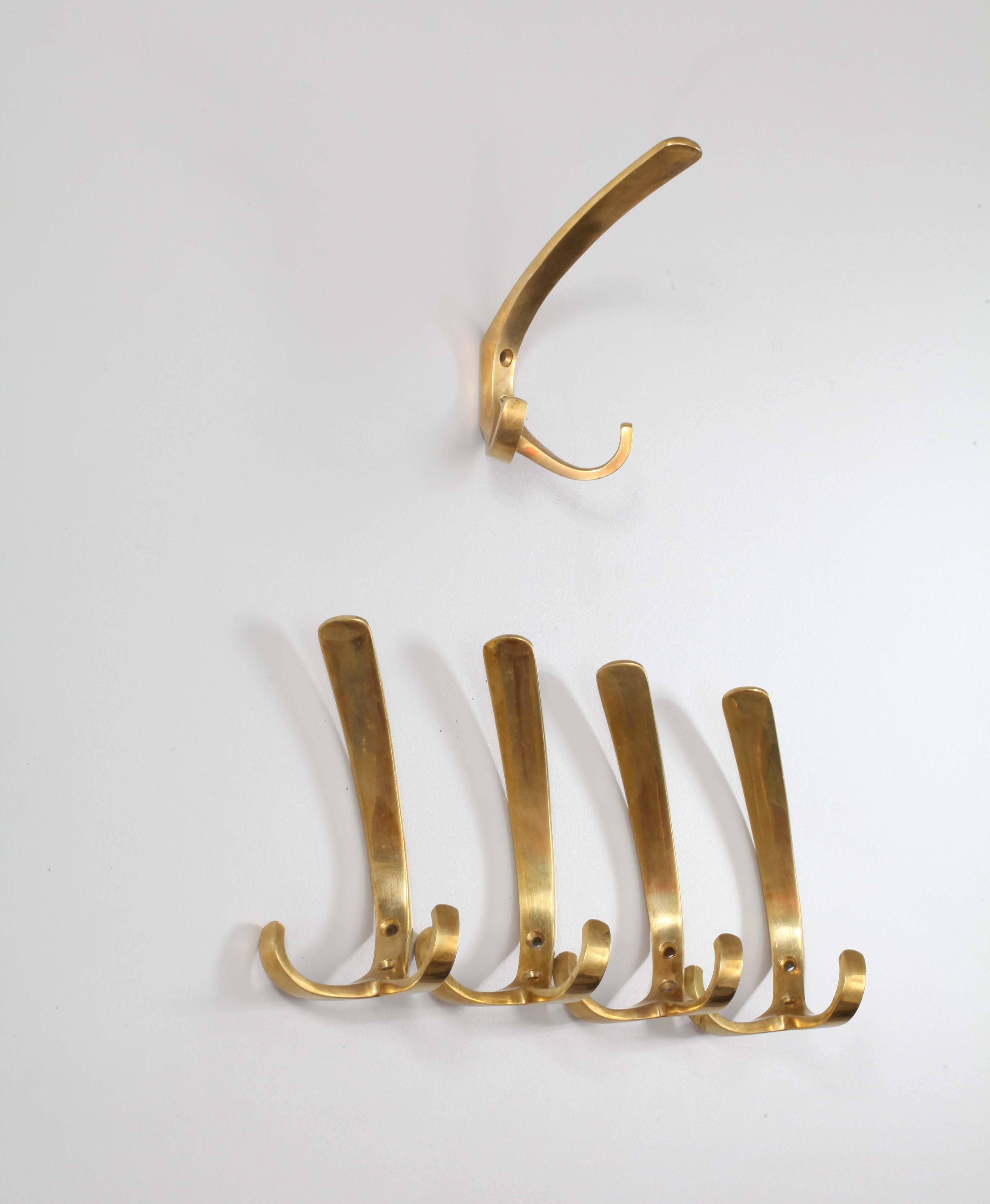 Mid-Century Modern Five Brass Double Hooks by Carl Auböck with Fitting Brass Screws