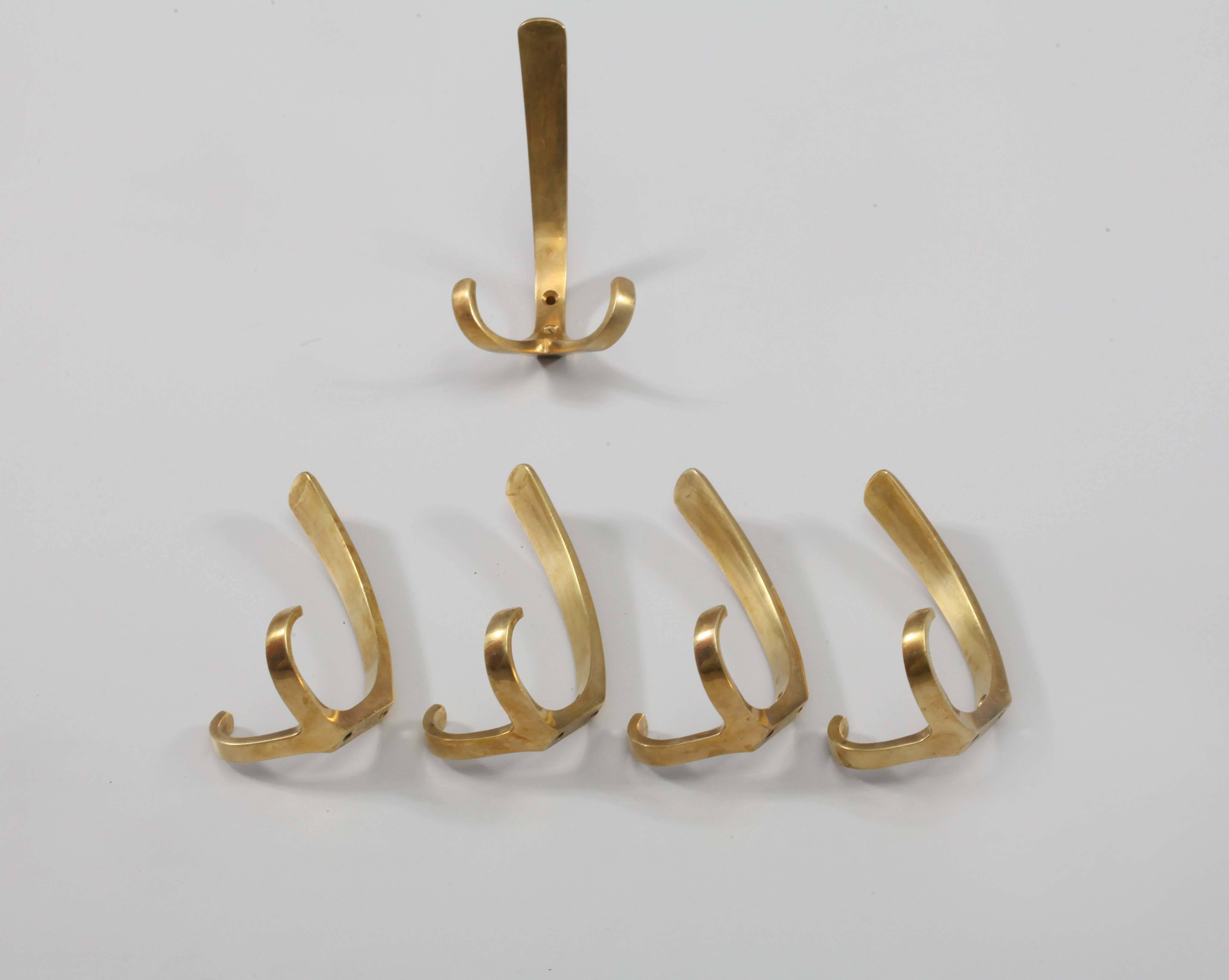 Austrian Five Brass Double Hooks by Carl Auböck with Fitting Brass Screws