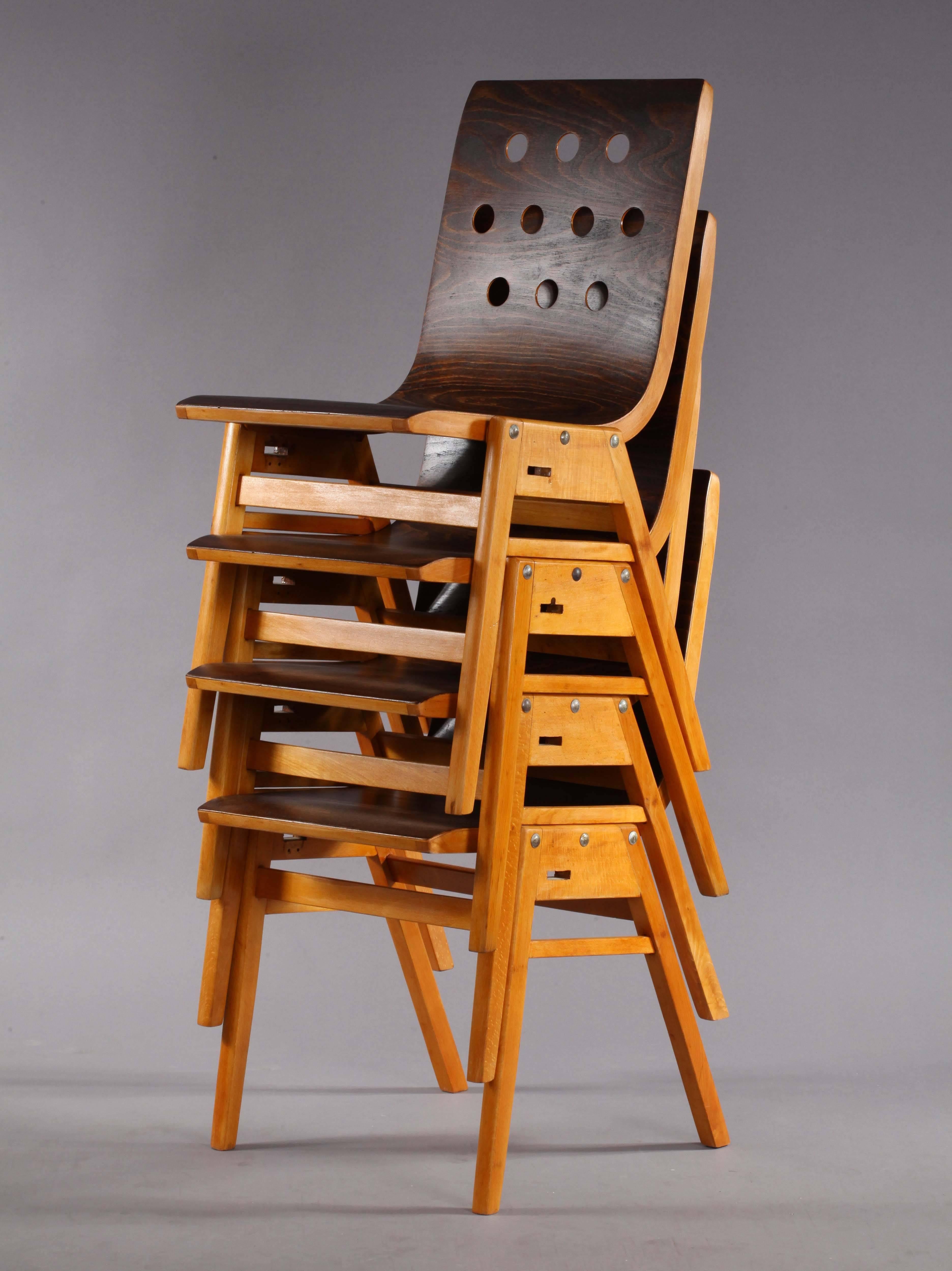 Four stacking chairs,
Roland Rainer,
Vienna 1950,
bent wood.