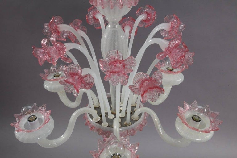 Pink and White Murano Blown Glass Chandelier with Pink Flowers, circa