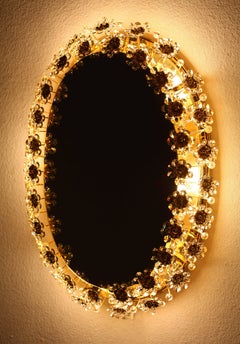 Round Gilt Faceted Crystal Glass Flower Backlit Mirror by Palwa, Germany