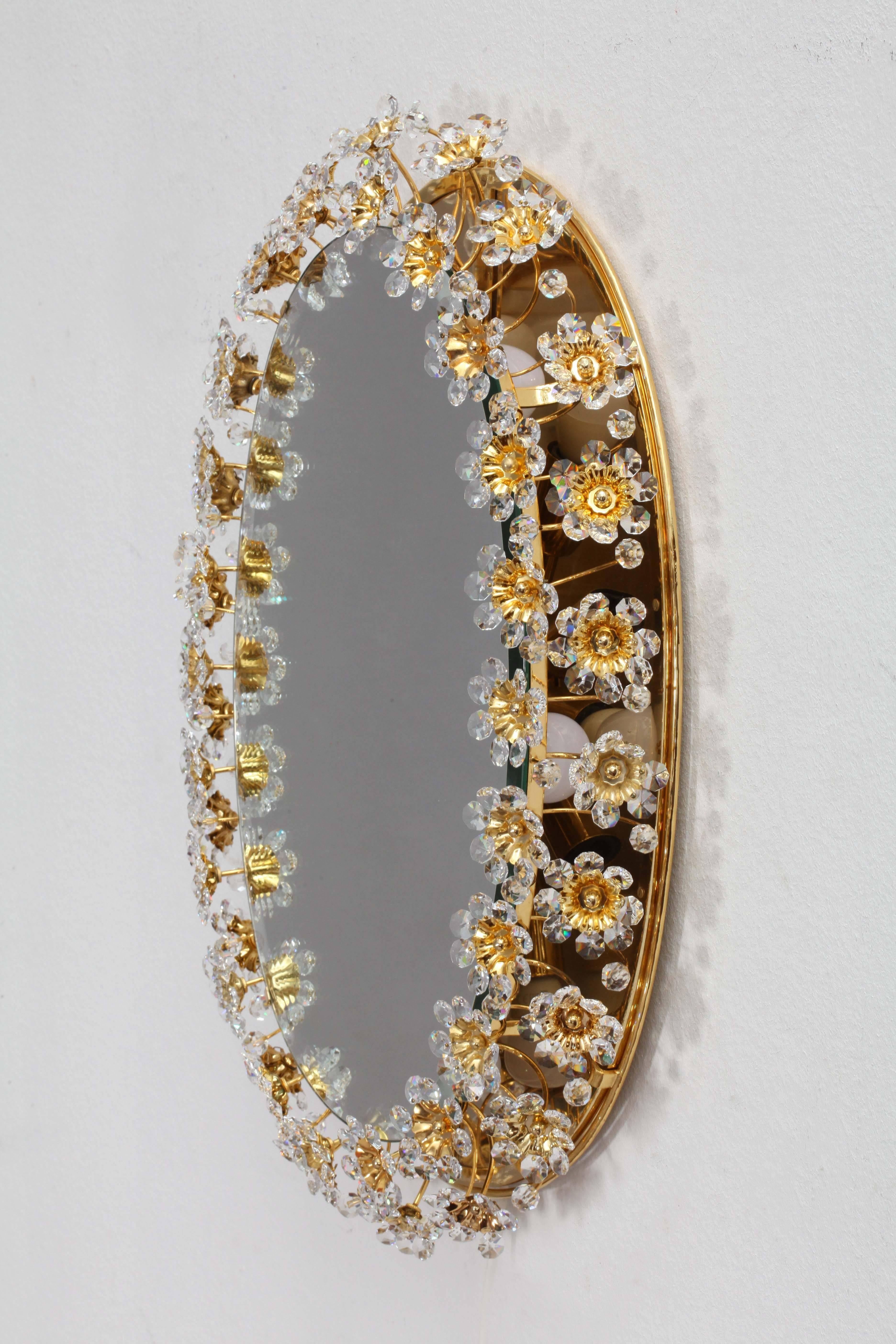 Mid-Century Modern Round Gilt Faceted Crystal Glass Flower Backlit Mirror by Palwa, Germany