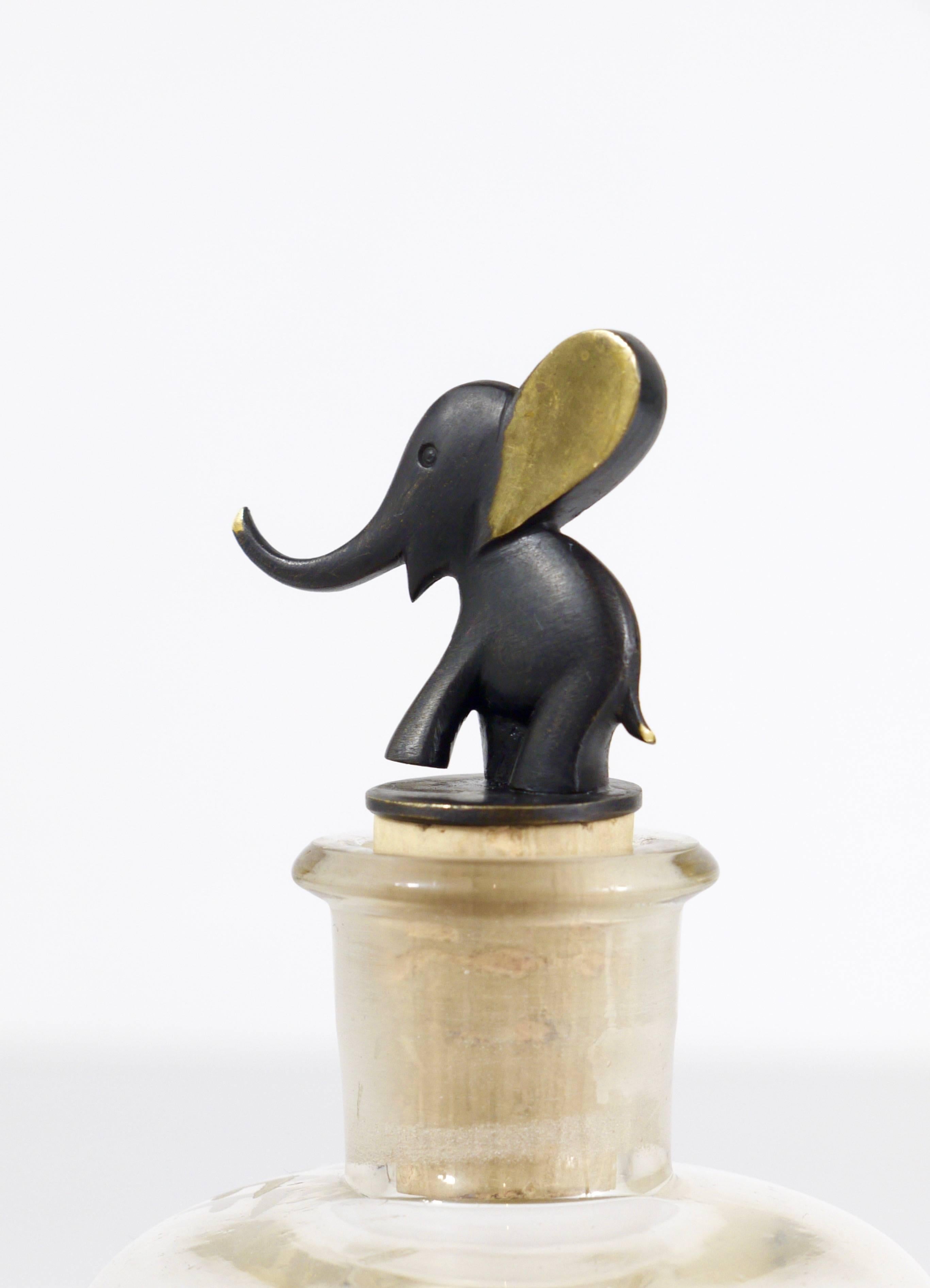 A charming Austrian bottle stopper, made of brass, displaying an elephant. A humorous design by Walter Bosse, manufactured in the 1950s by Hertha Baller, Vienna. In excellent condition.