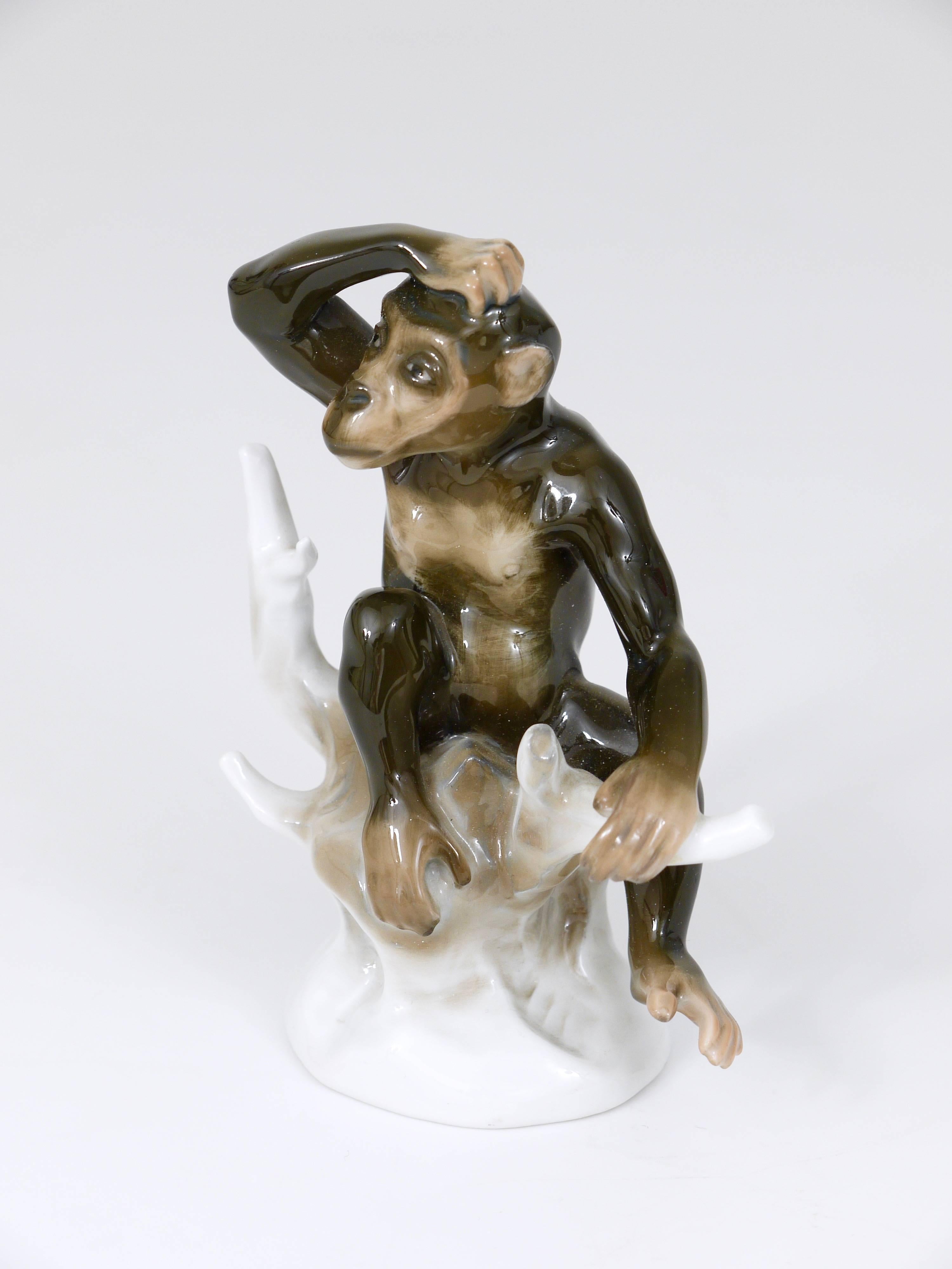 Early 20th Century Monkey on a Branch, Porcelain Figurine by Otto Eichwald, Rosenthal, Germany