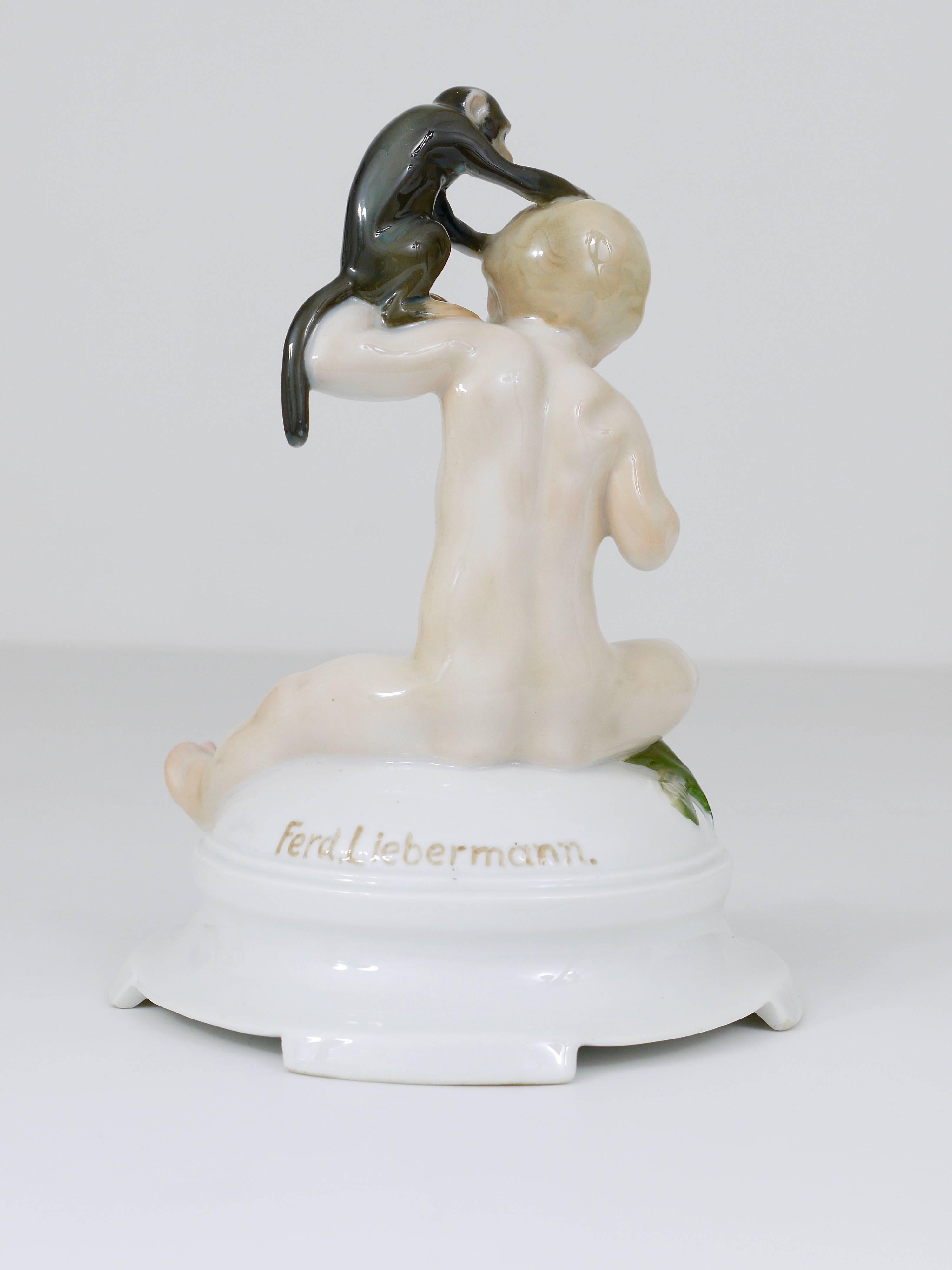 German 1910s Rosenthal Putto & Monkey Porcelain Sculpture by Ferdinand Liebermann For Sale
