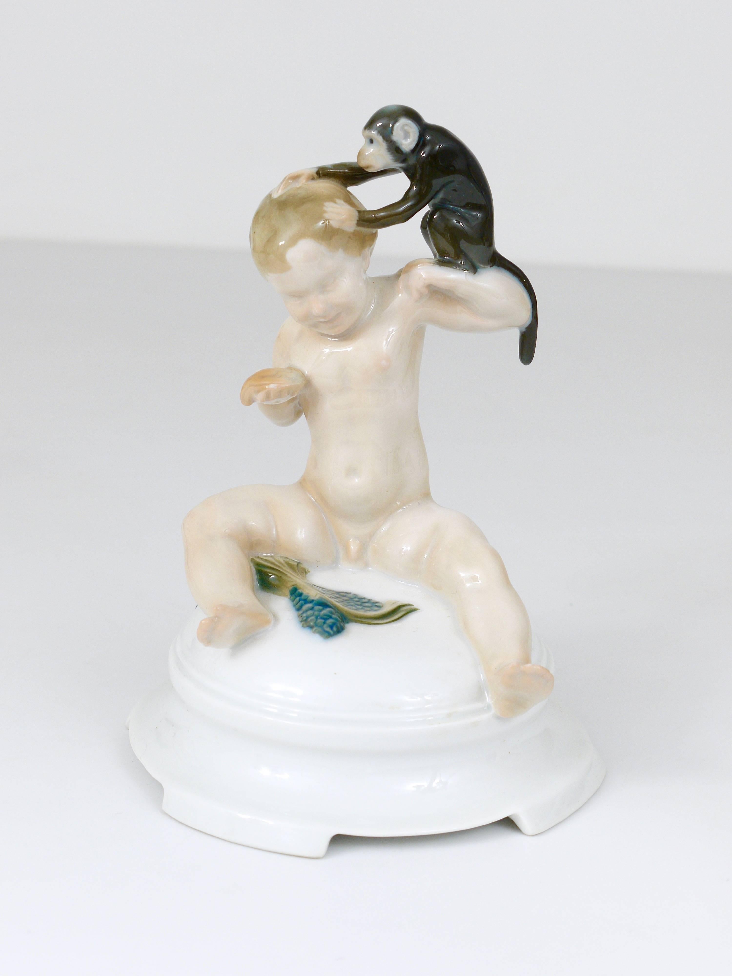 Early 20th Century 1910s Rosenthal Putto & Monkey Porcelain Sculpture by Ferdinand Liebermann For Sale